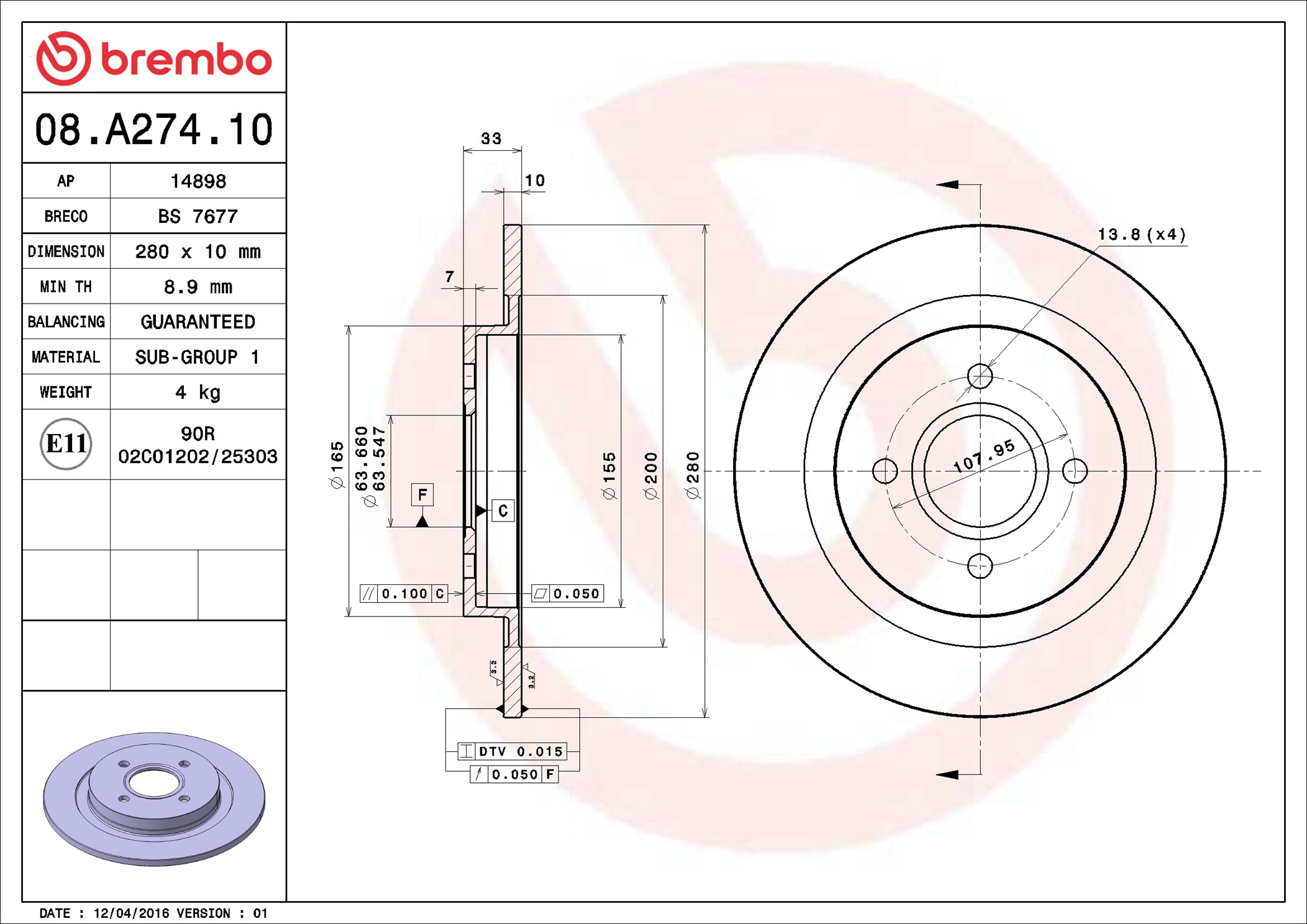 Disco freno BREMBO 08A27410