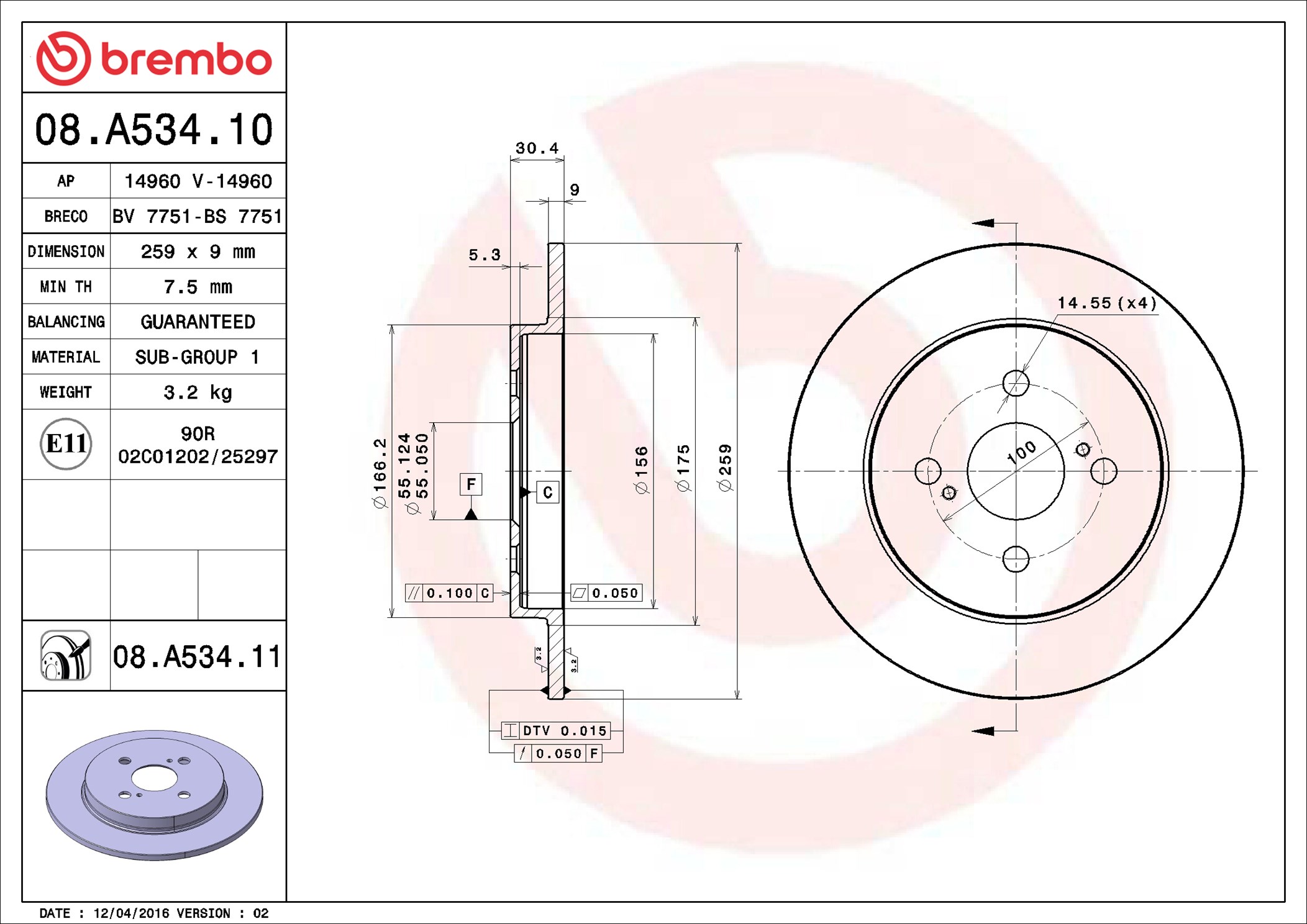 Disco freno BREMBO 08A53411