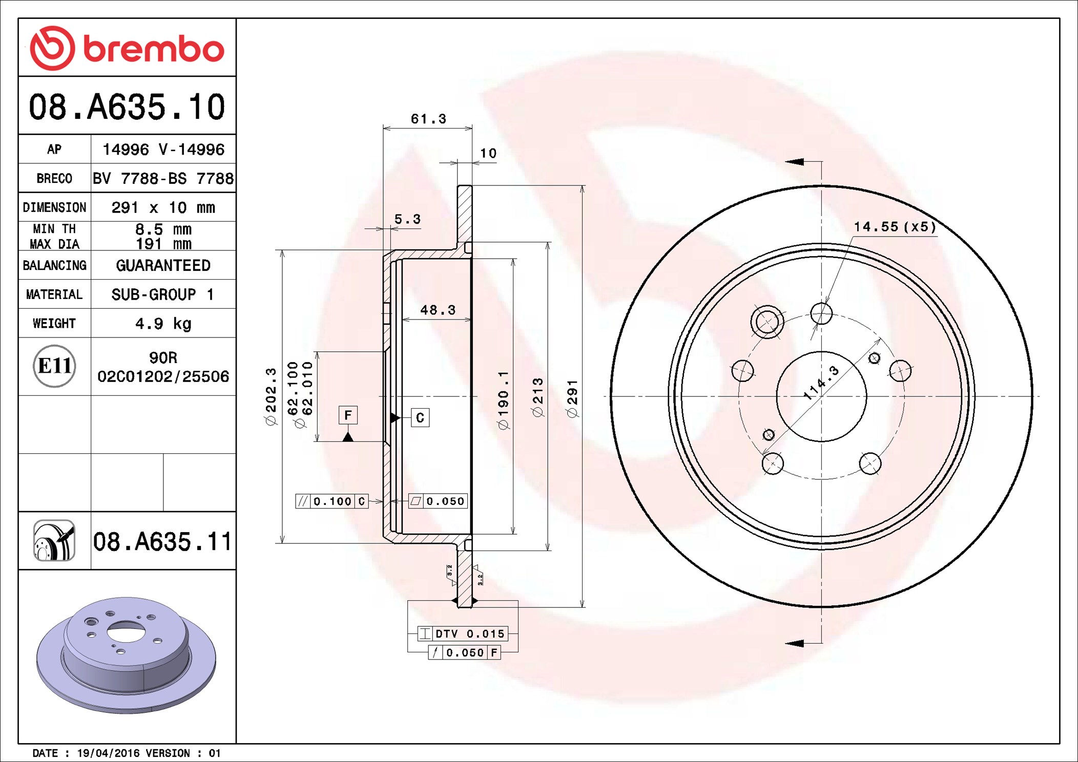 Disco freno BREMBO 08A63511