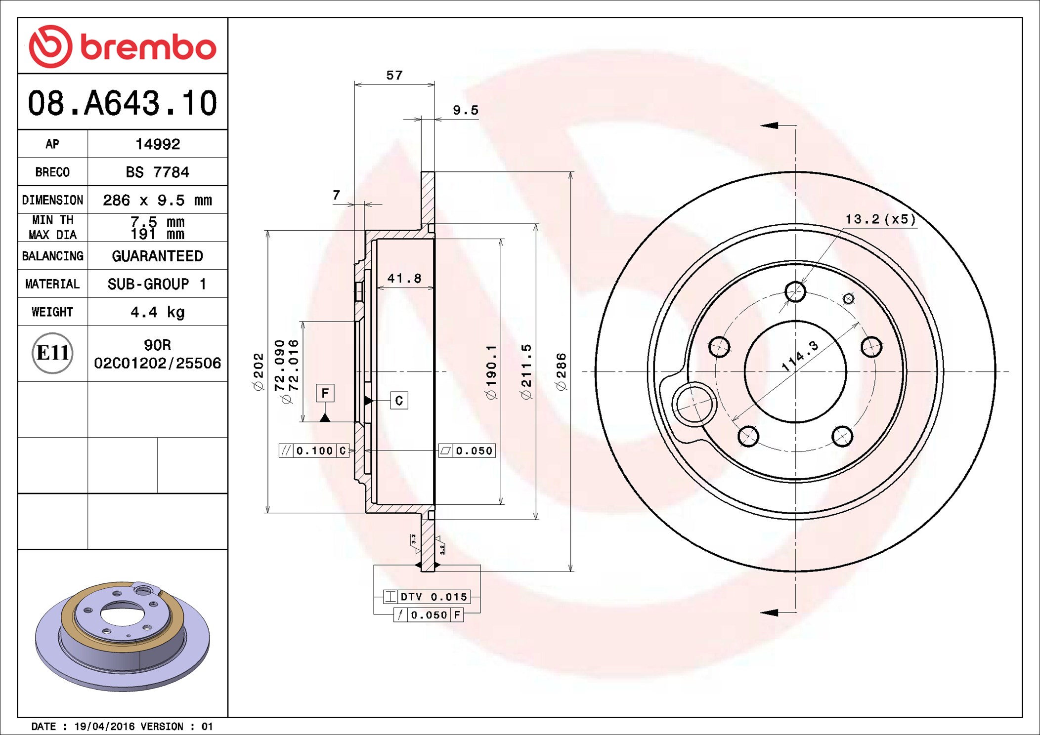 Disco freno BREMBO 08A64310