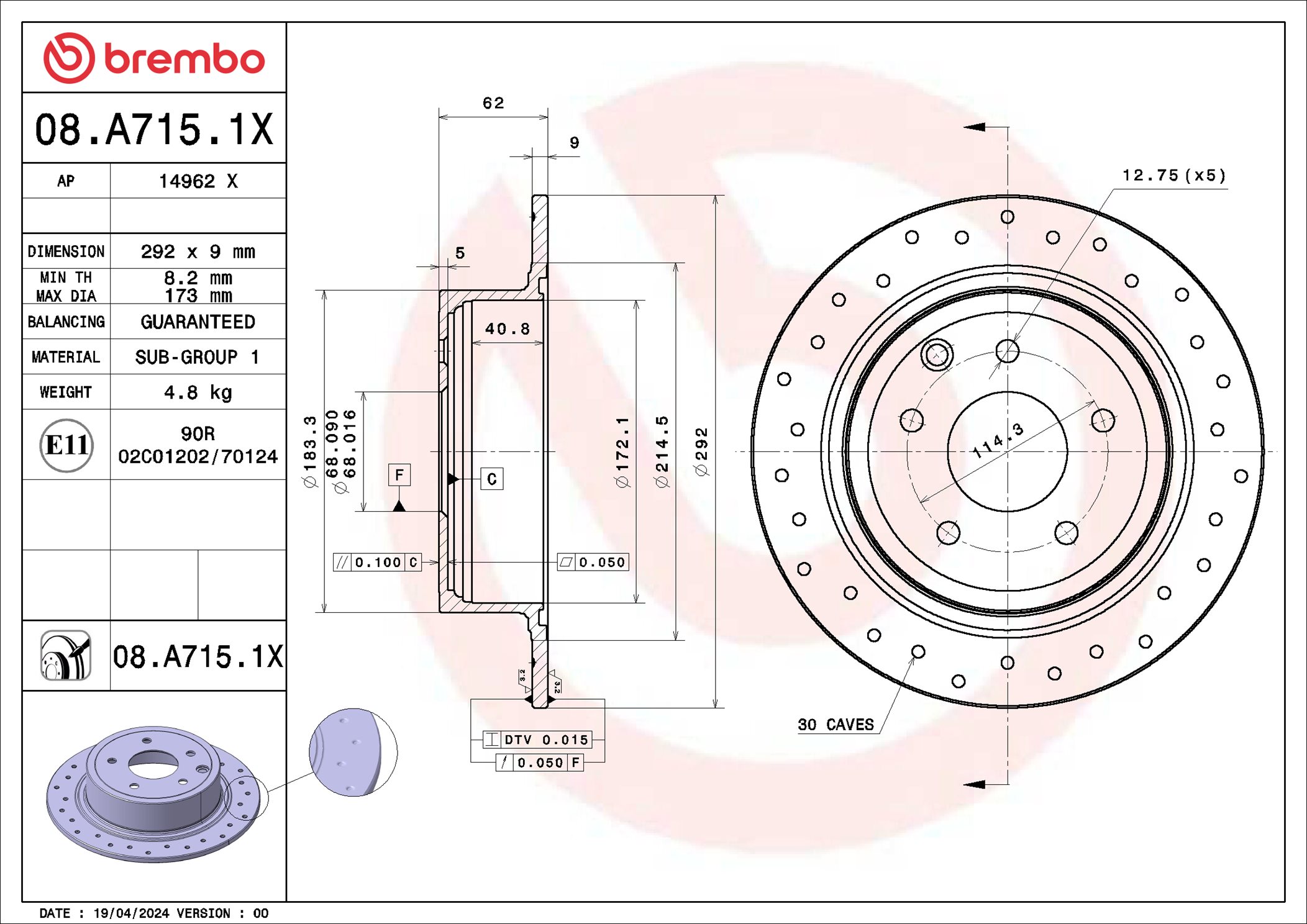 Disco freno BREMBO 08A7151X