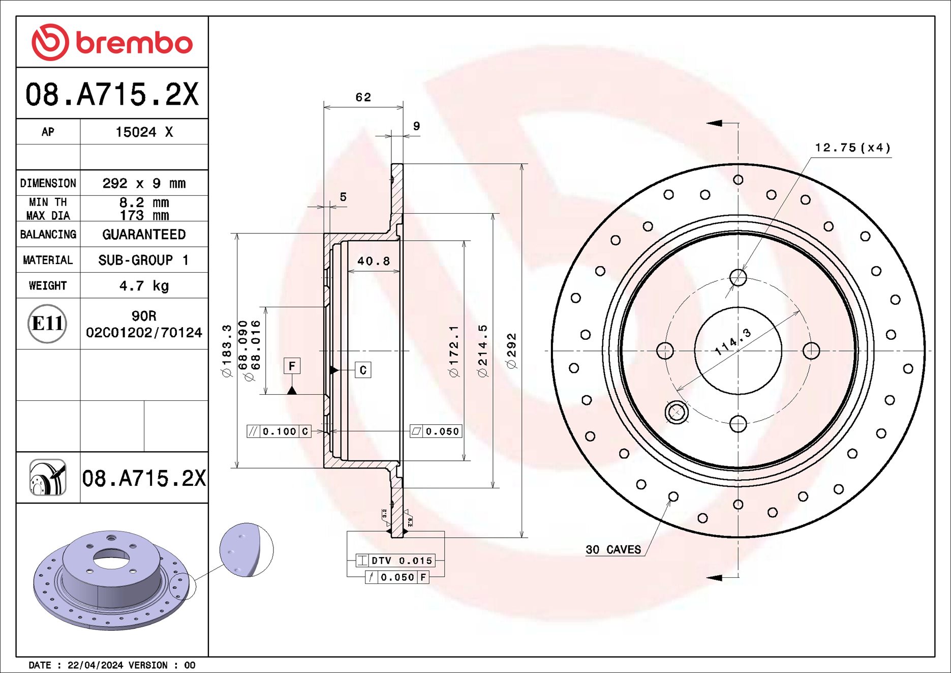 Disco freno BREMBO 08A7152X