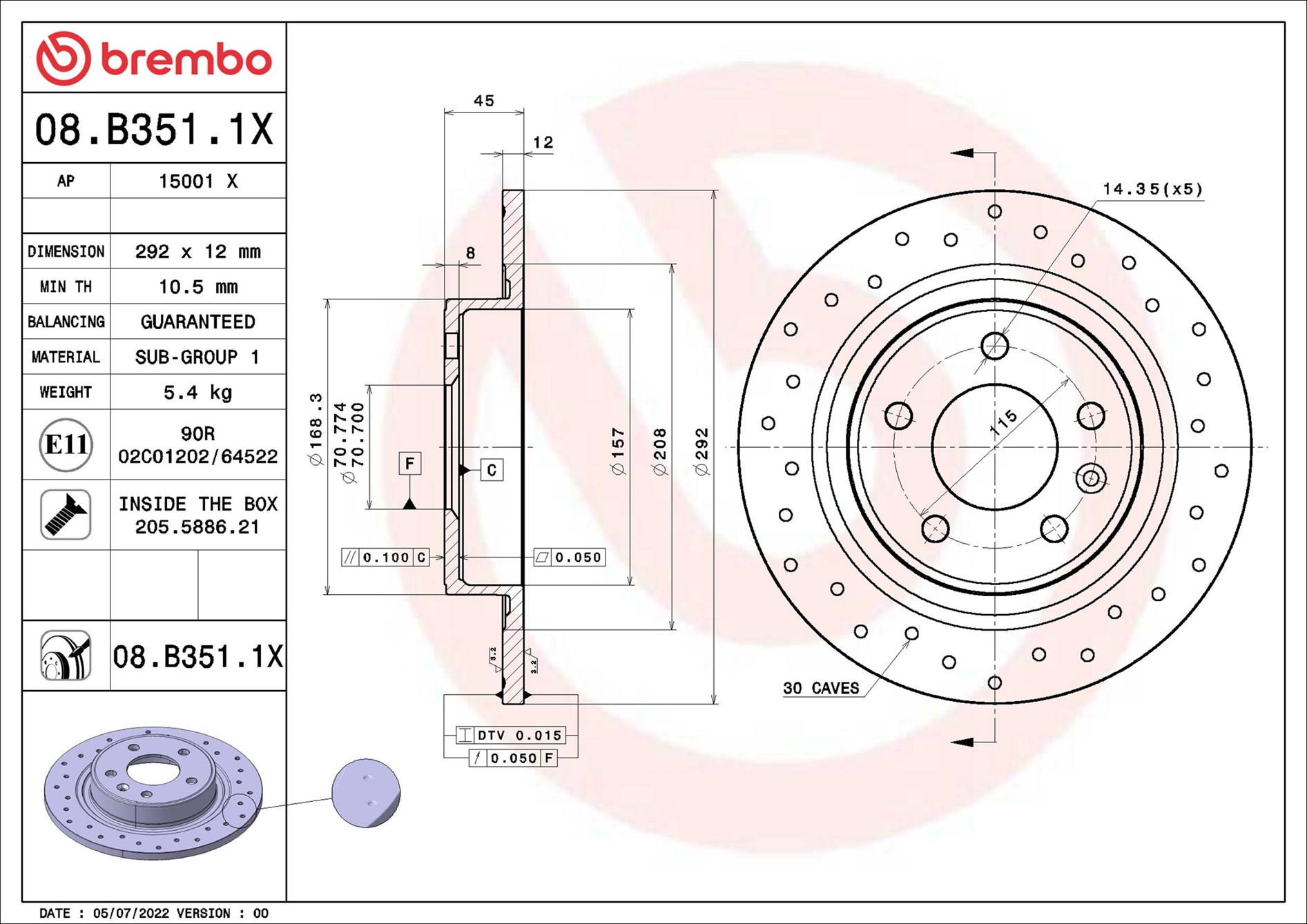 Disco freno BREMBO 08B3511X
