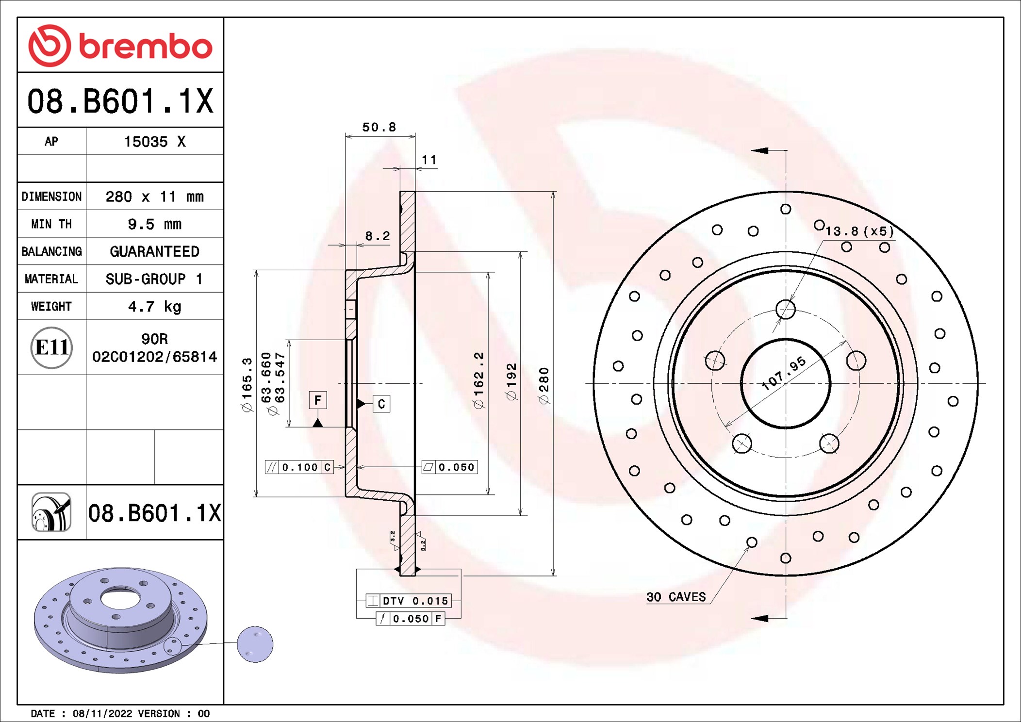 Disco freno BREMBO 08B6011X