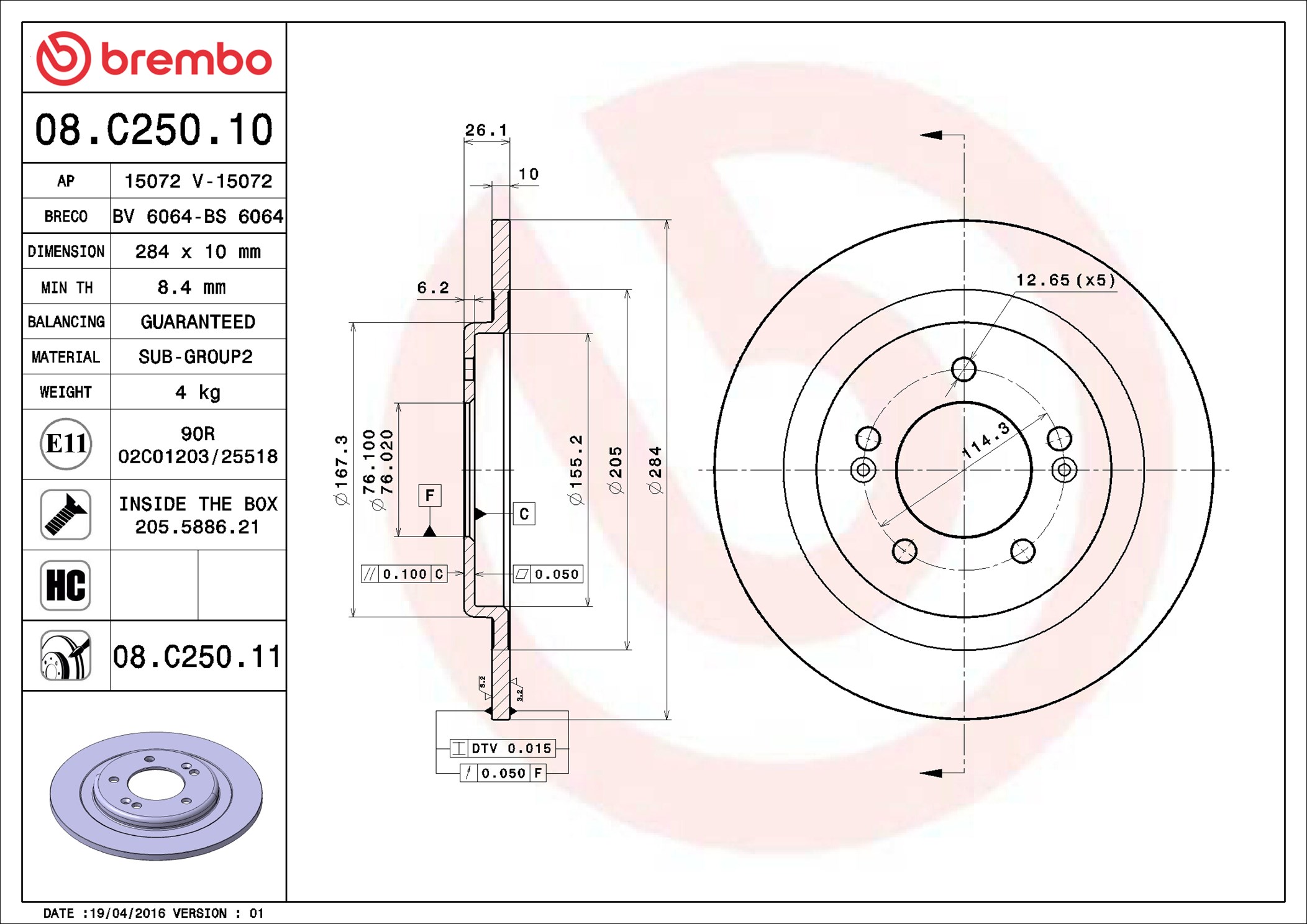Disco freno BREMBO 08C25011