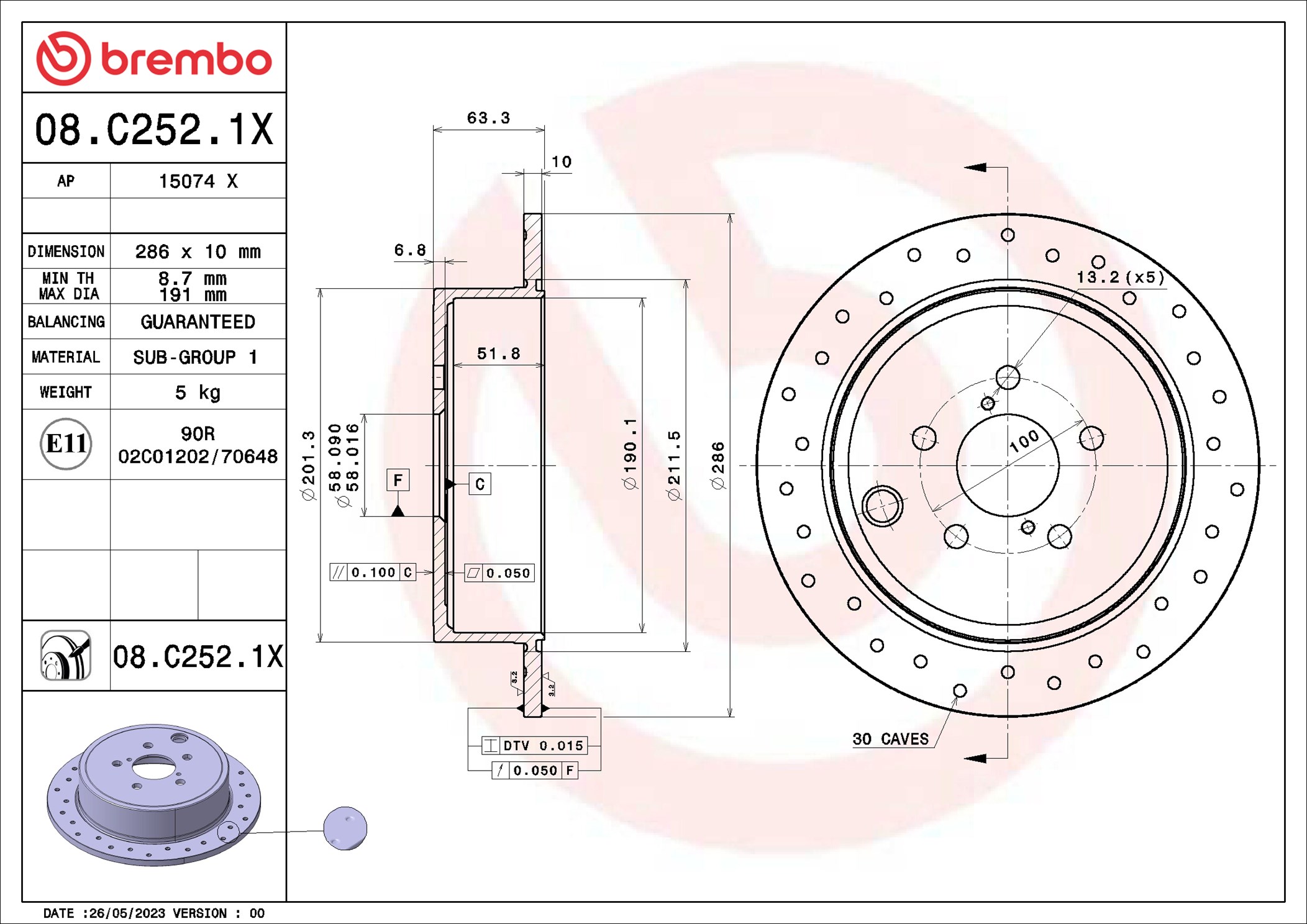 Disco freno BREMBO 08C2521X