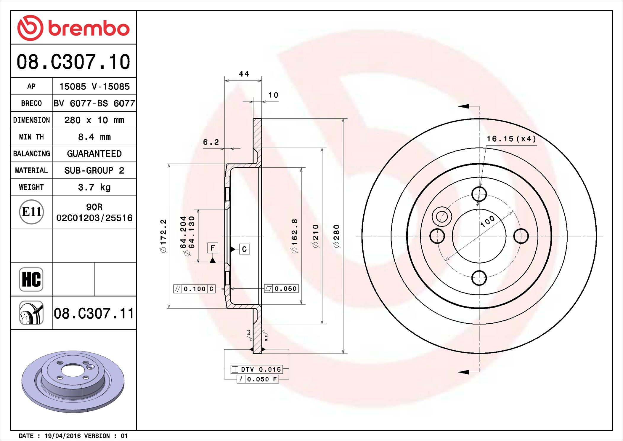 Disco freno BREMBO 08C30711