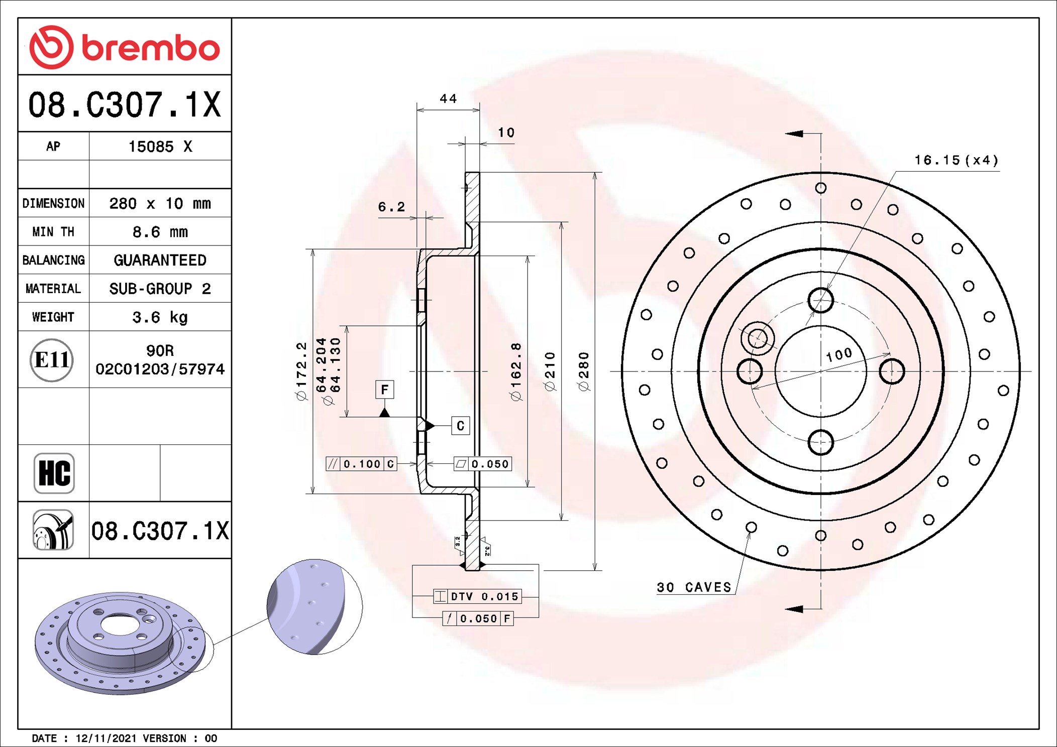 Disco freno BREMBO 08C3071X