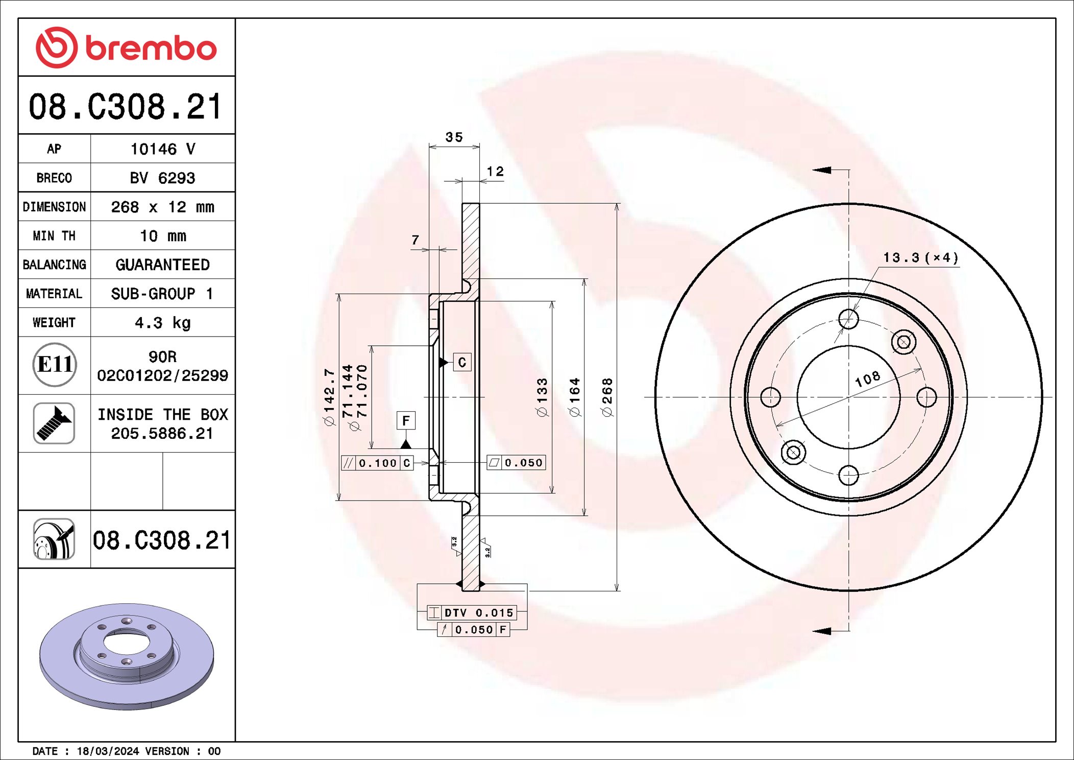 Disco freno BREMBO 08C30821