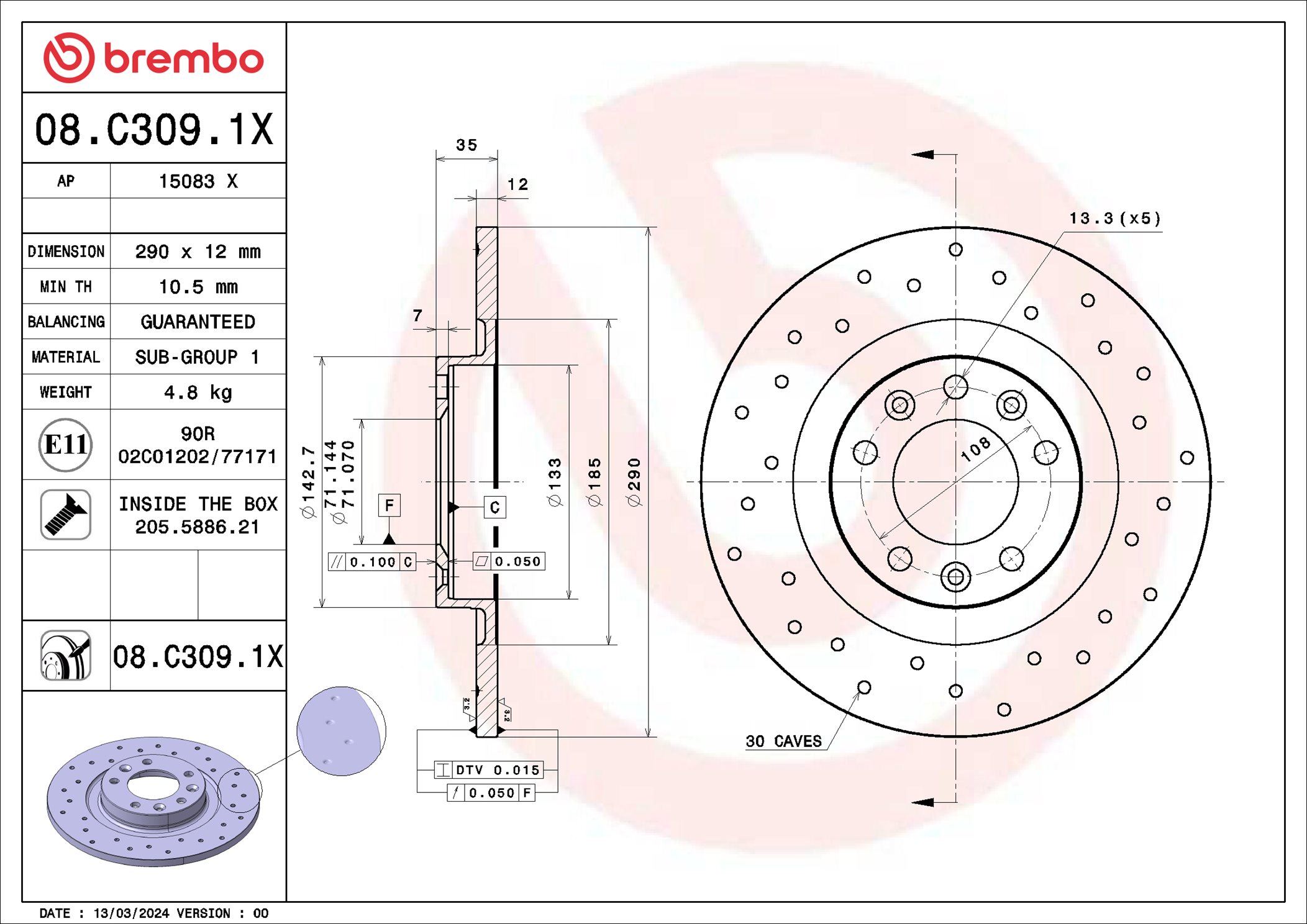Disco freno BREMBO 08C3091X