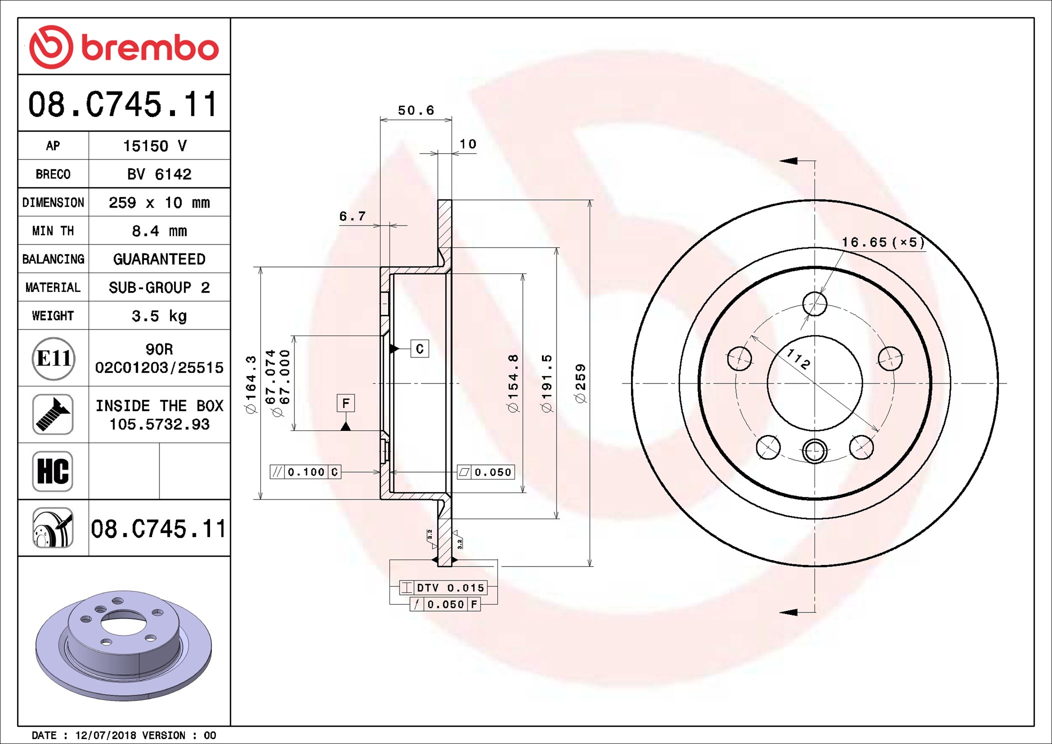 Disco freno BREMBO 08C74511
