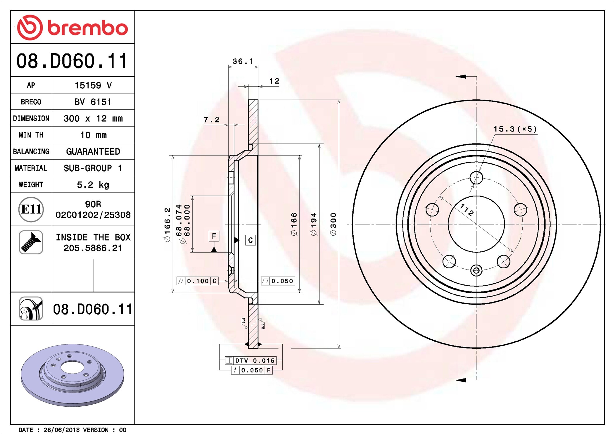 Disco freno BREMBO 08D06011