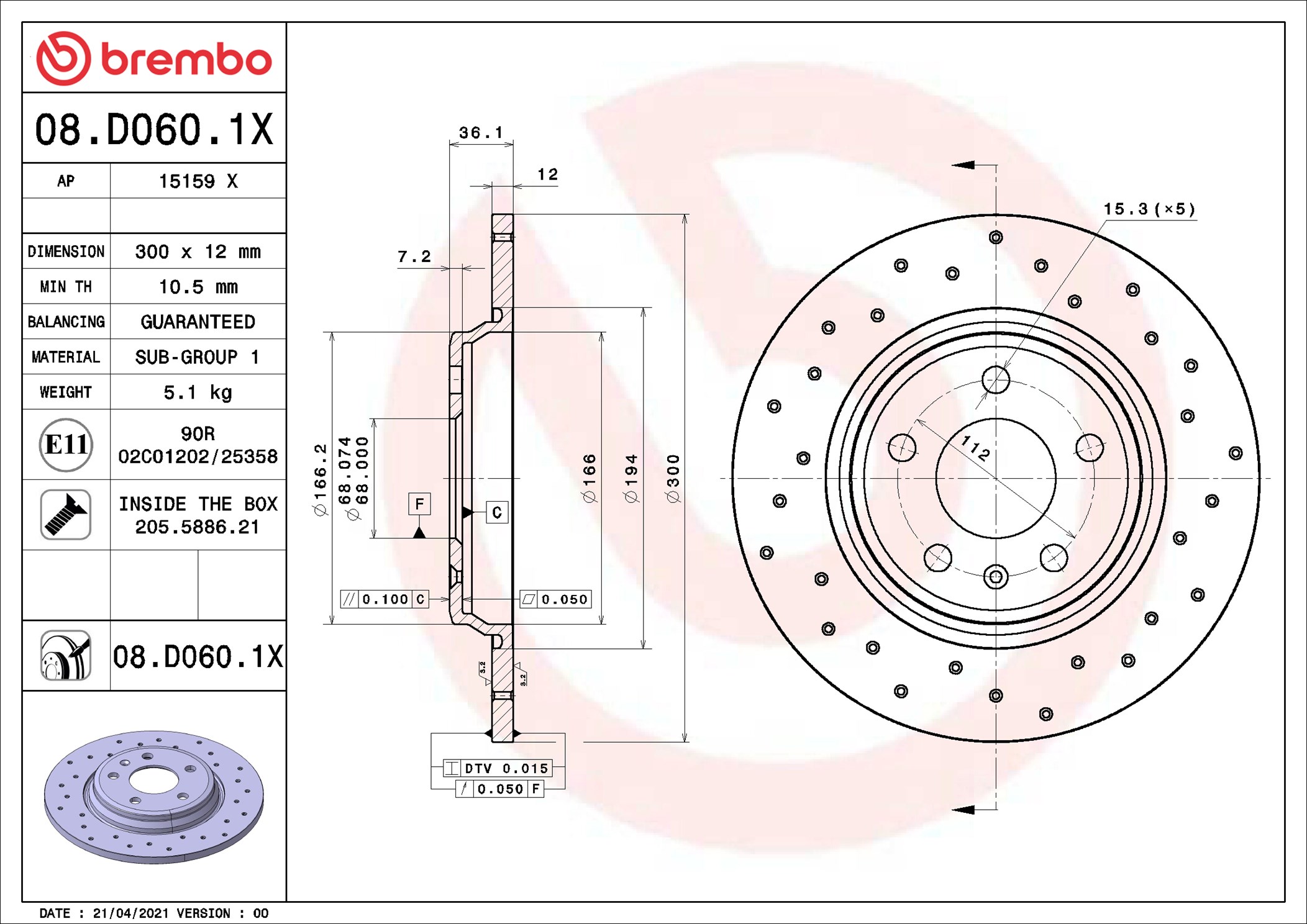 Disco freno BREMBO 08D0601X