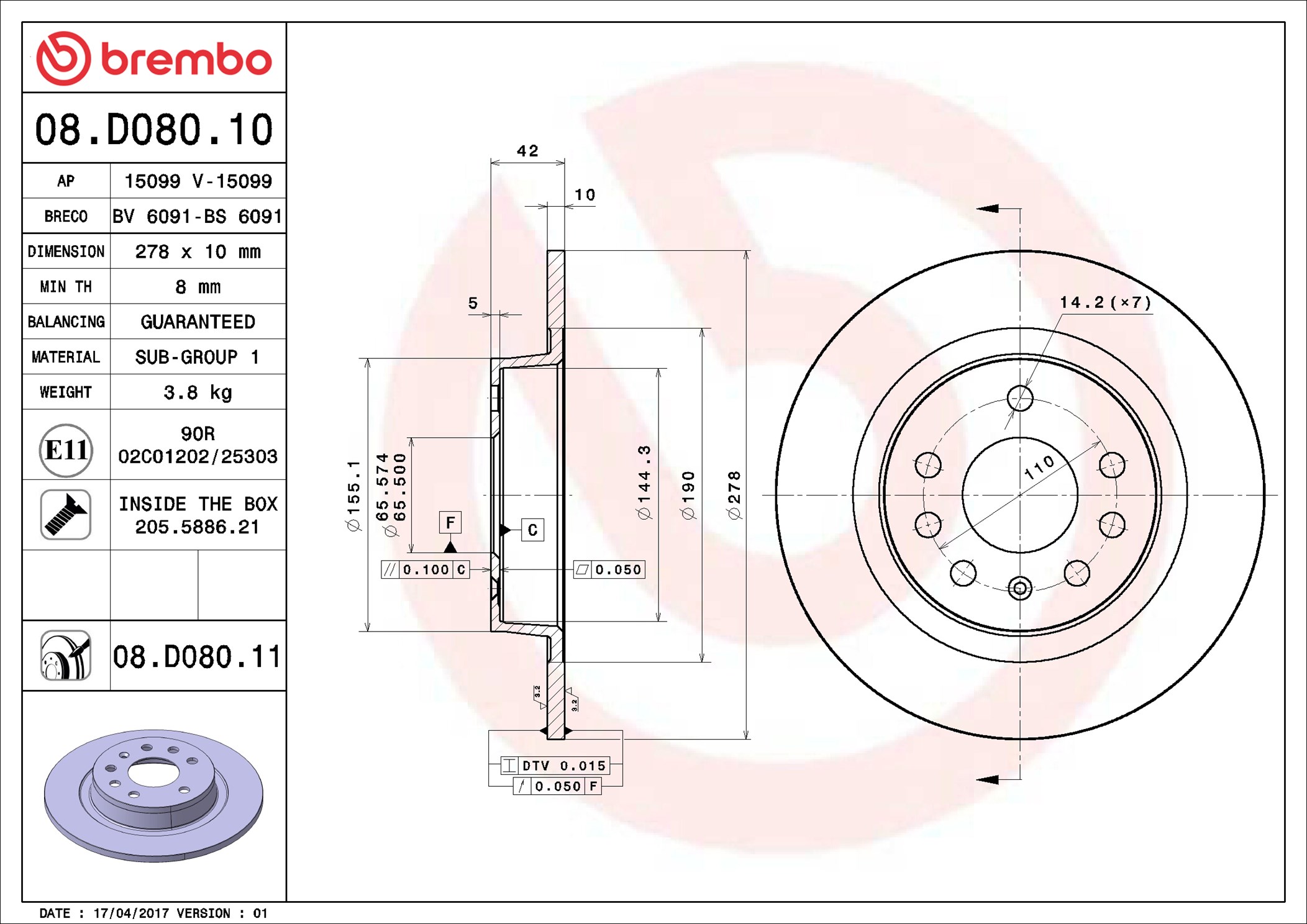 Disco freno BREMBO 08D08011