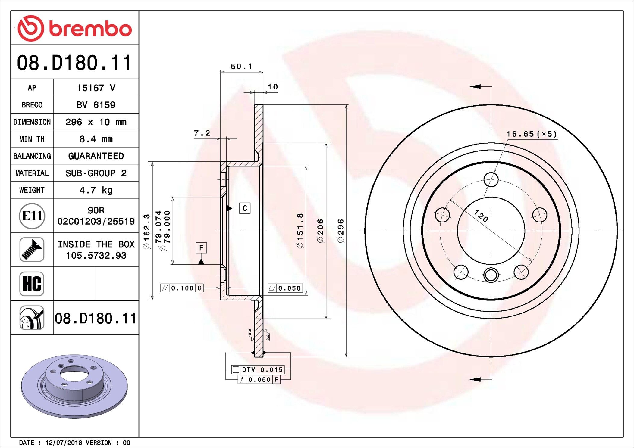Disco freno BREMBO 08D18011