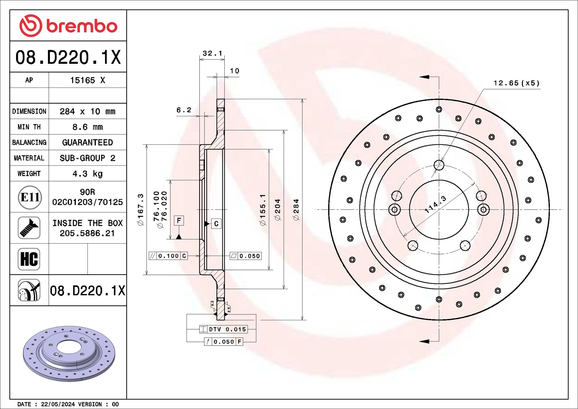 Disco freno BREMBO 08D2201X