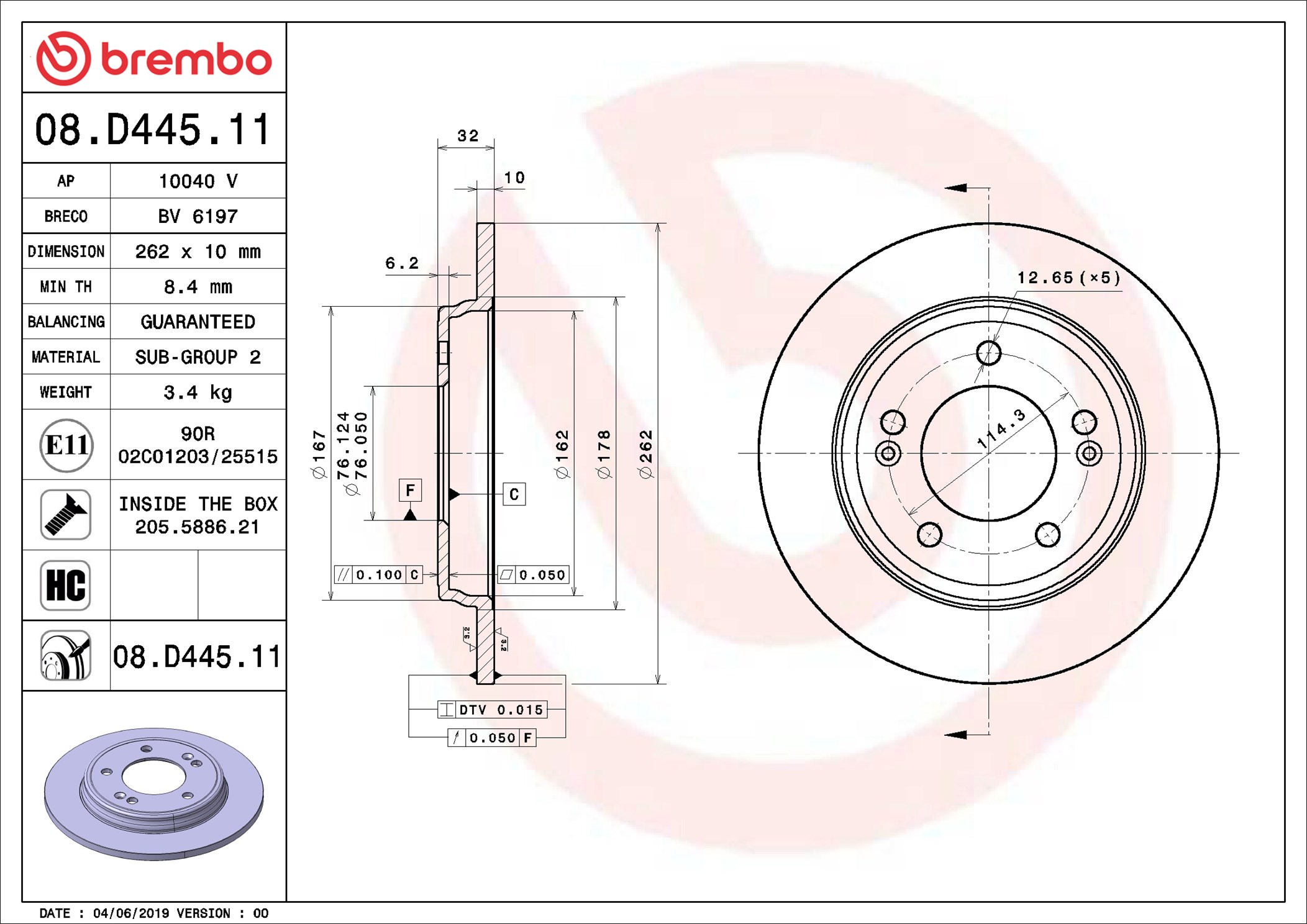 Disco freno BREMBO 08D44511