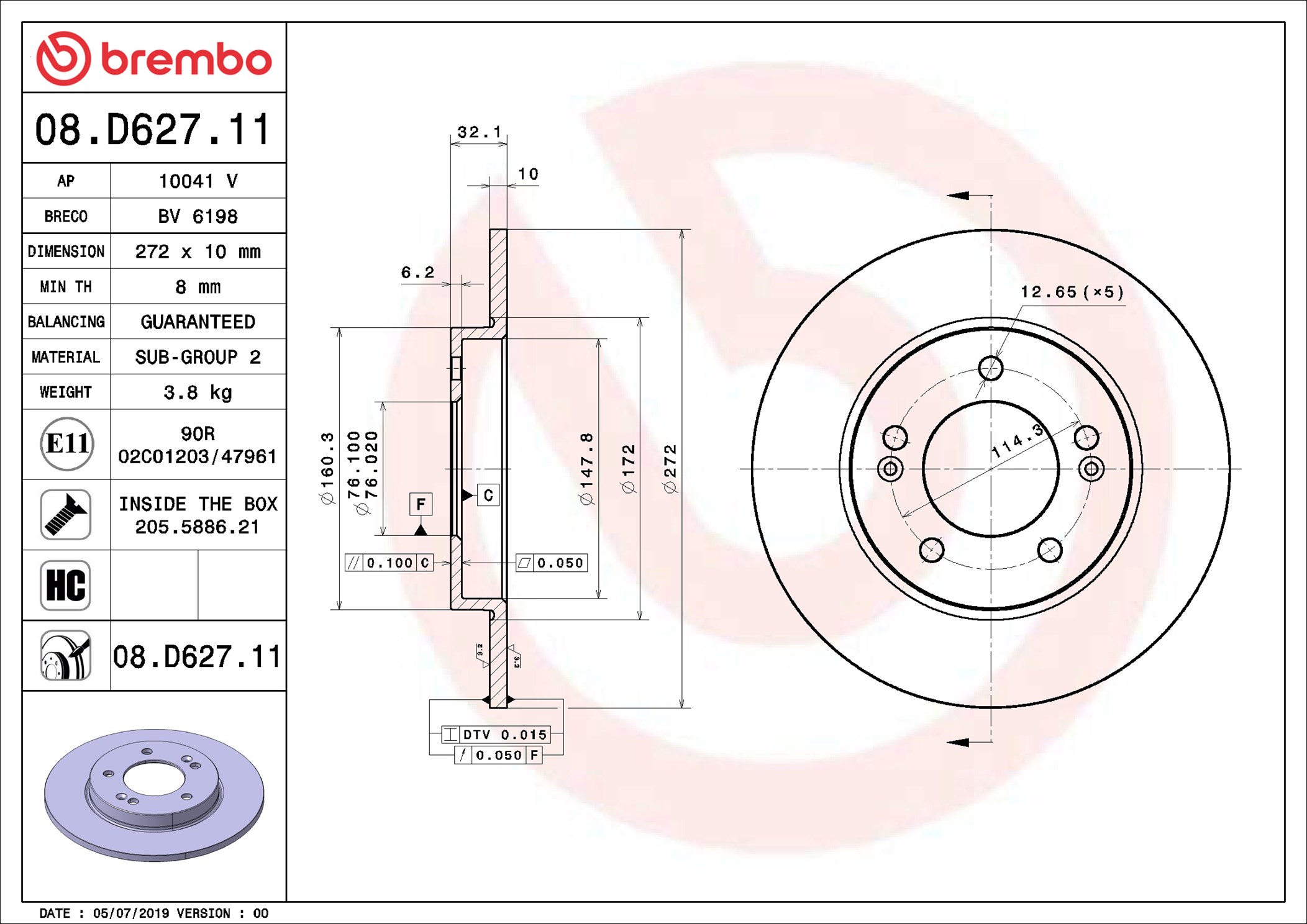 Disco freno BREMBO 08D62711