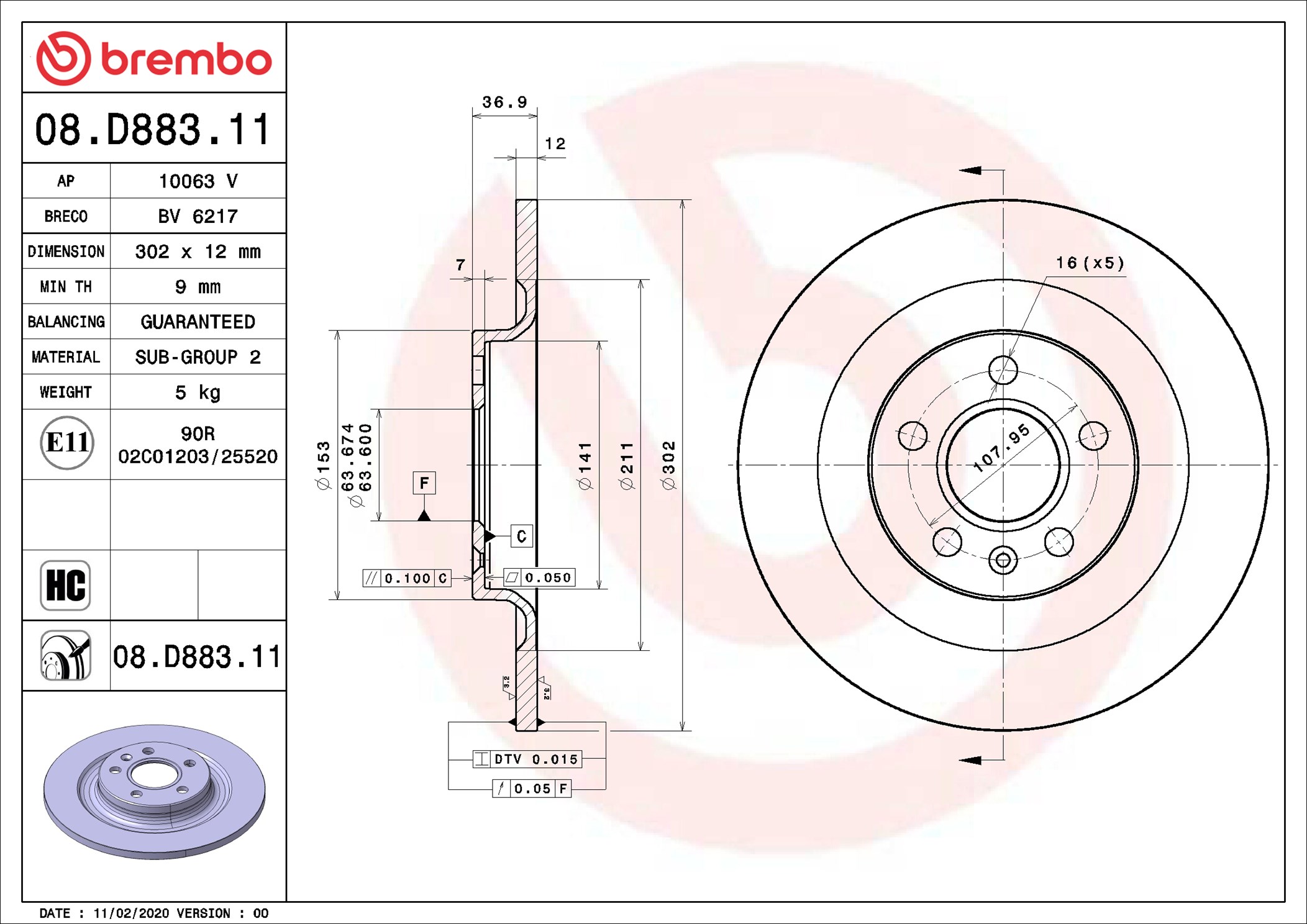 Disco freno BREMBO 08D88311