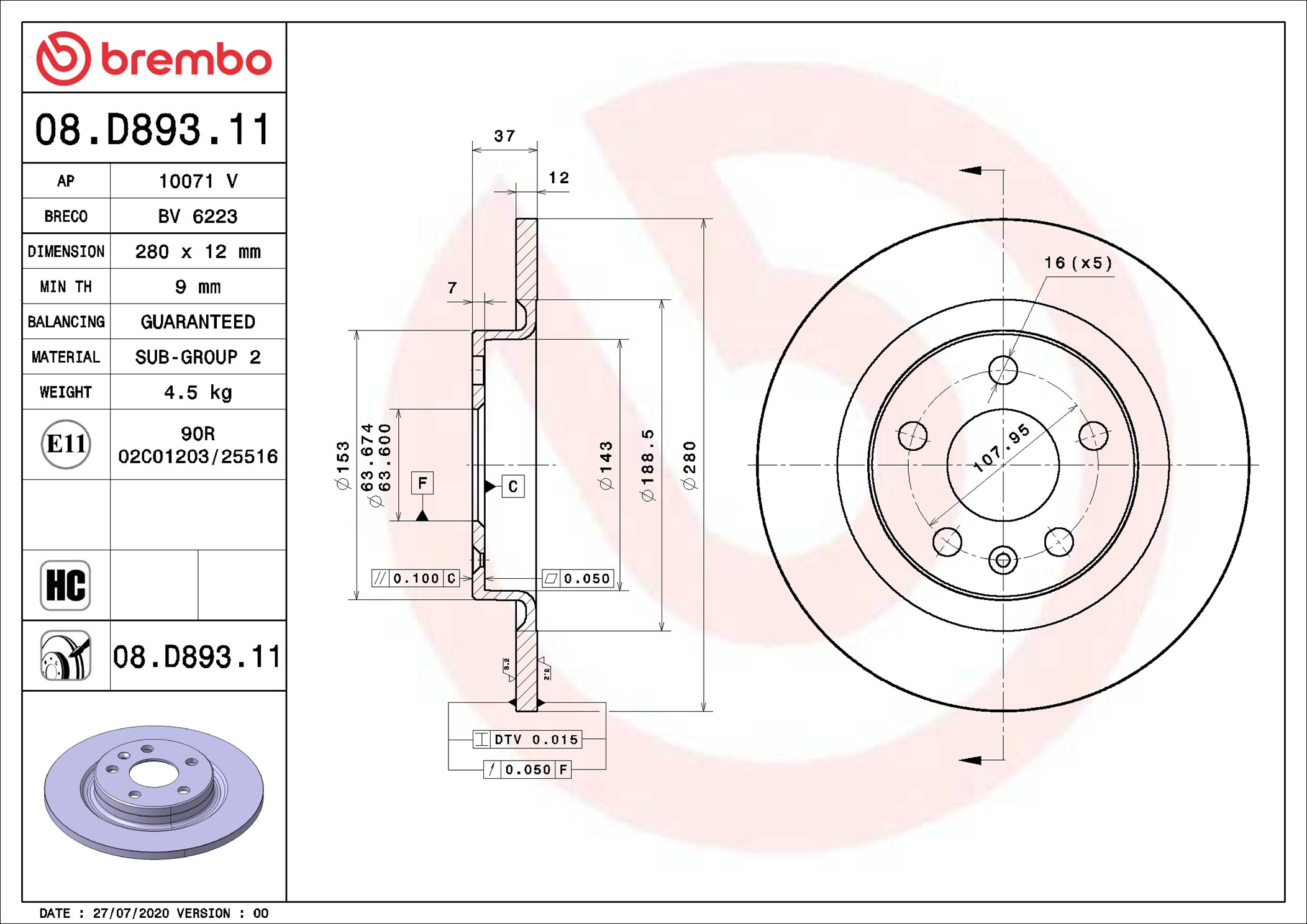 Disco freno BREMBO 08D89311