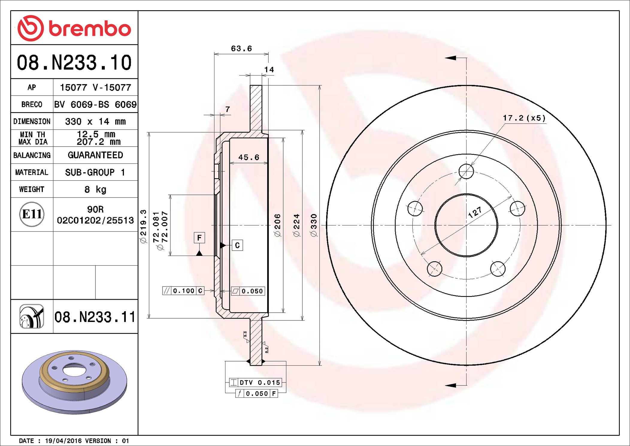 Disco freno BREMBO 08N23311