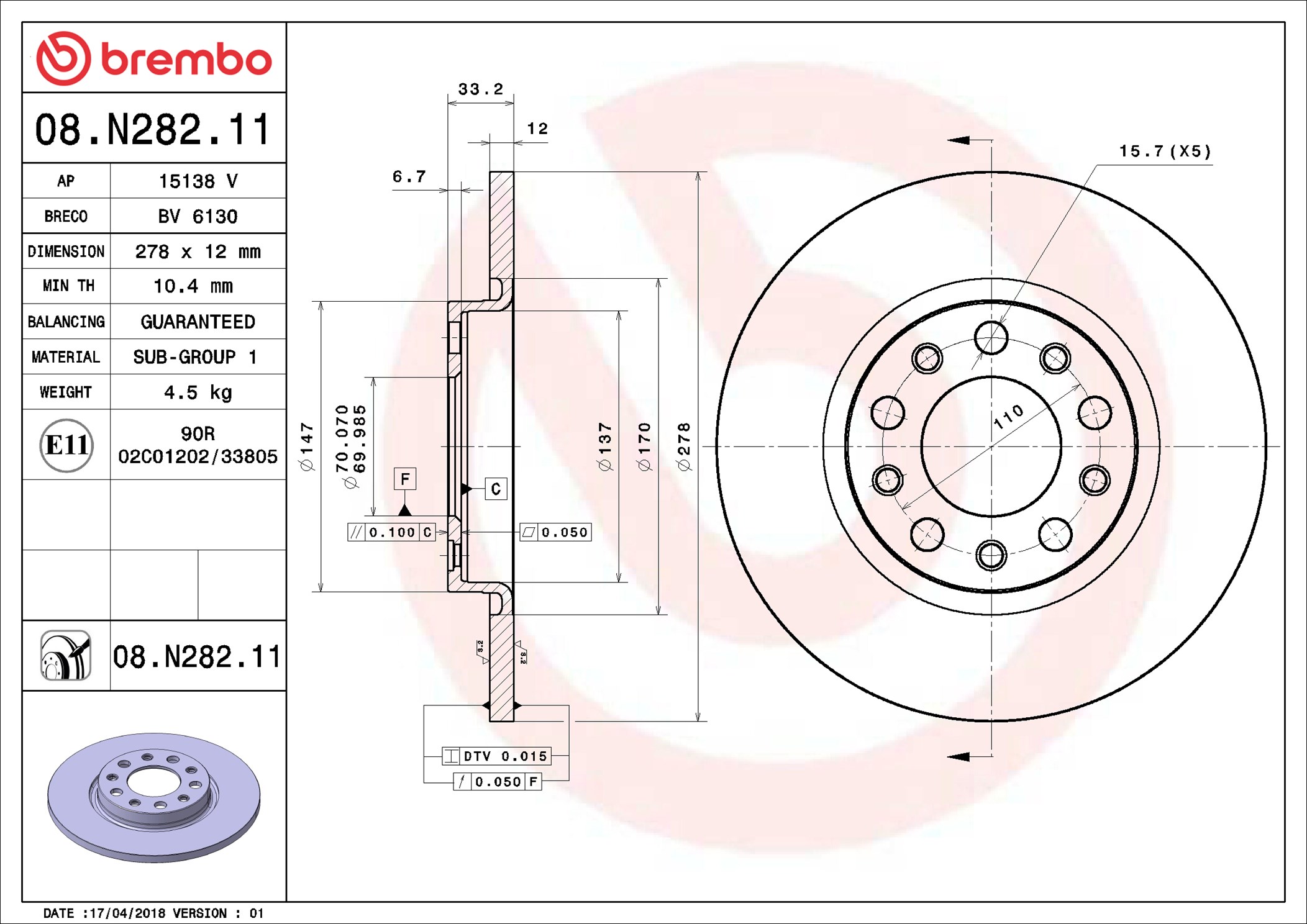 Disco freno BREMBO 08N28211
