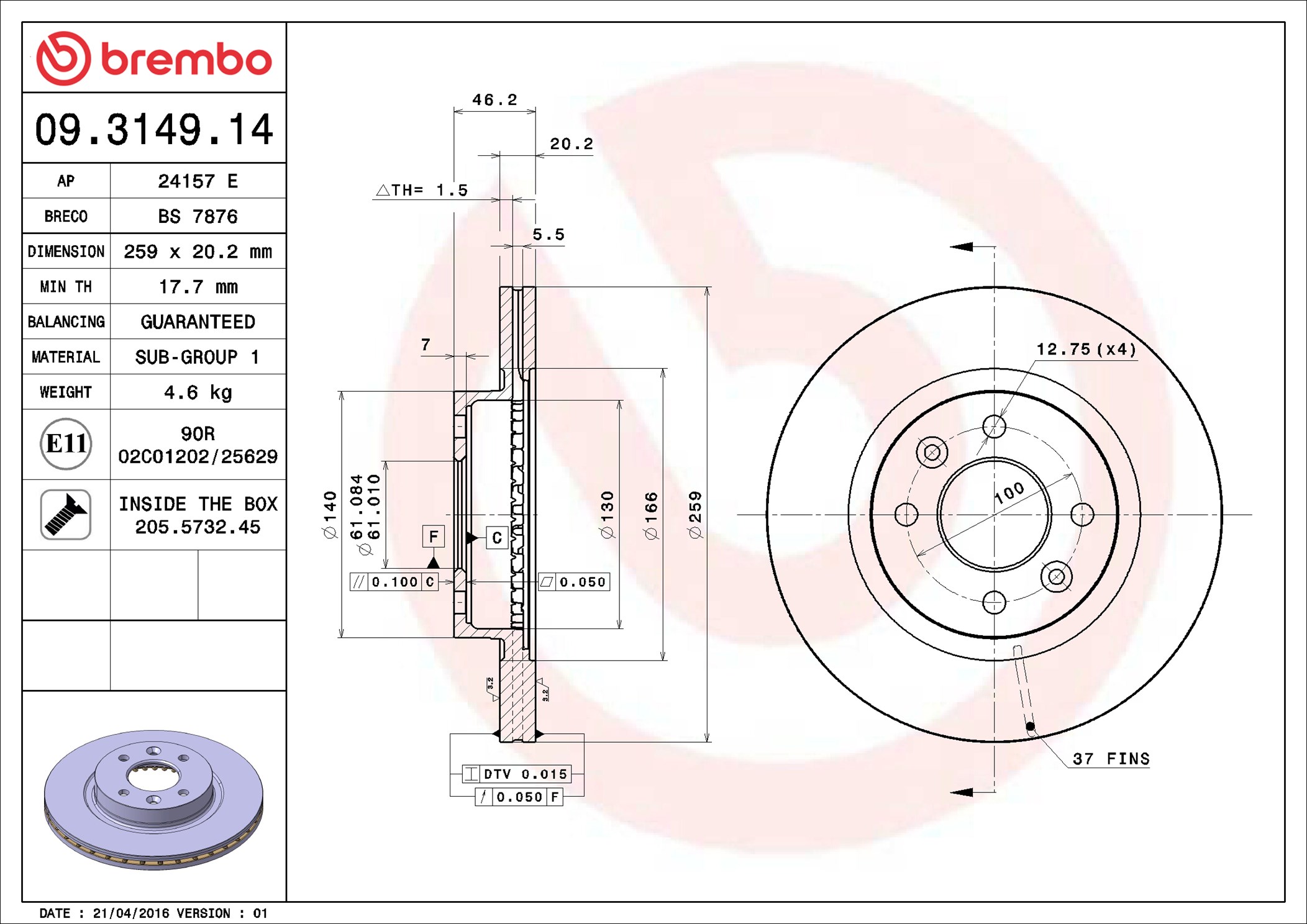 Disco freno BREMBO 09314914