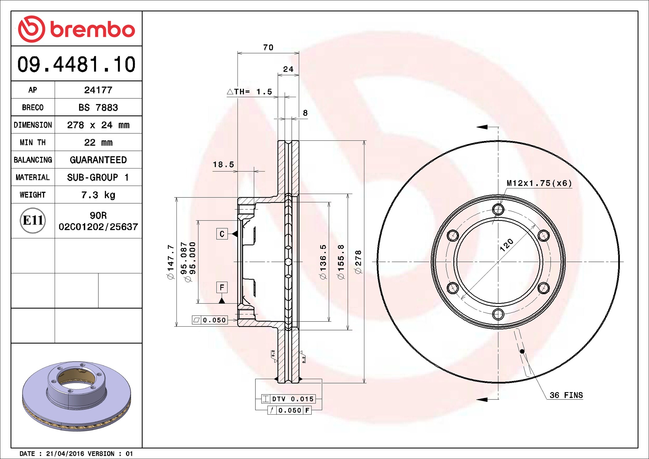 Disco freno BREMBO 09448110