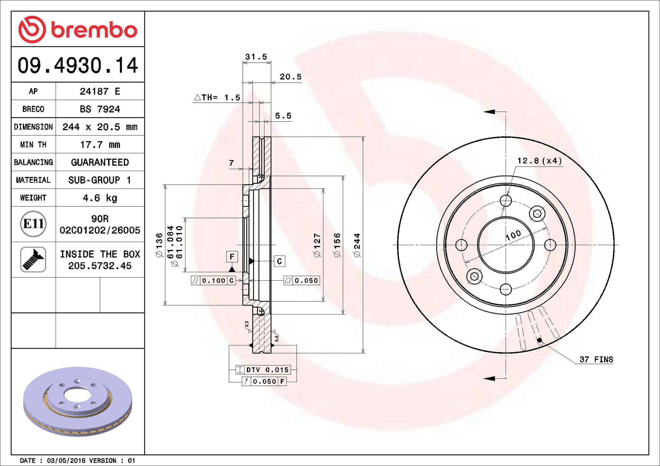 Disco freno BREMBO 09493014
