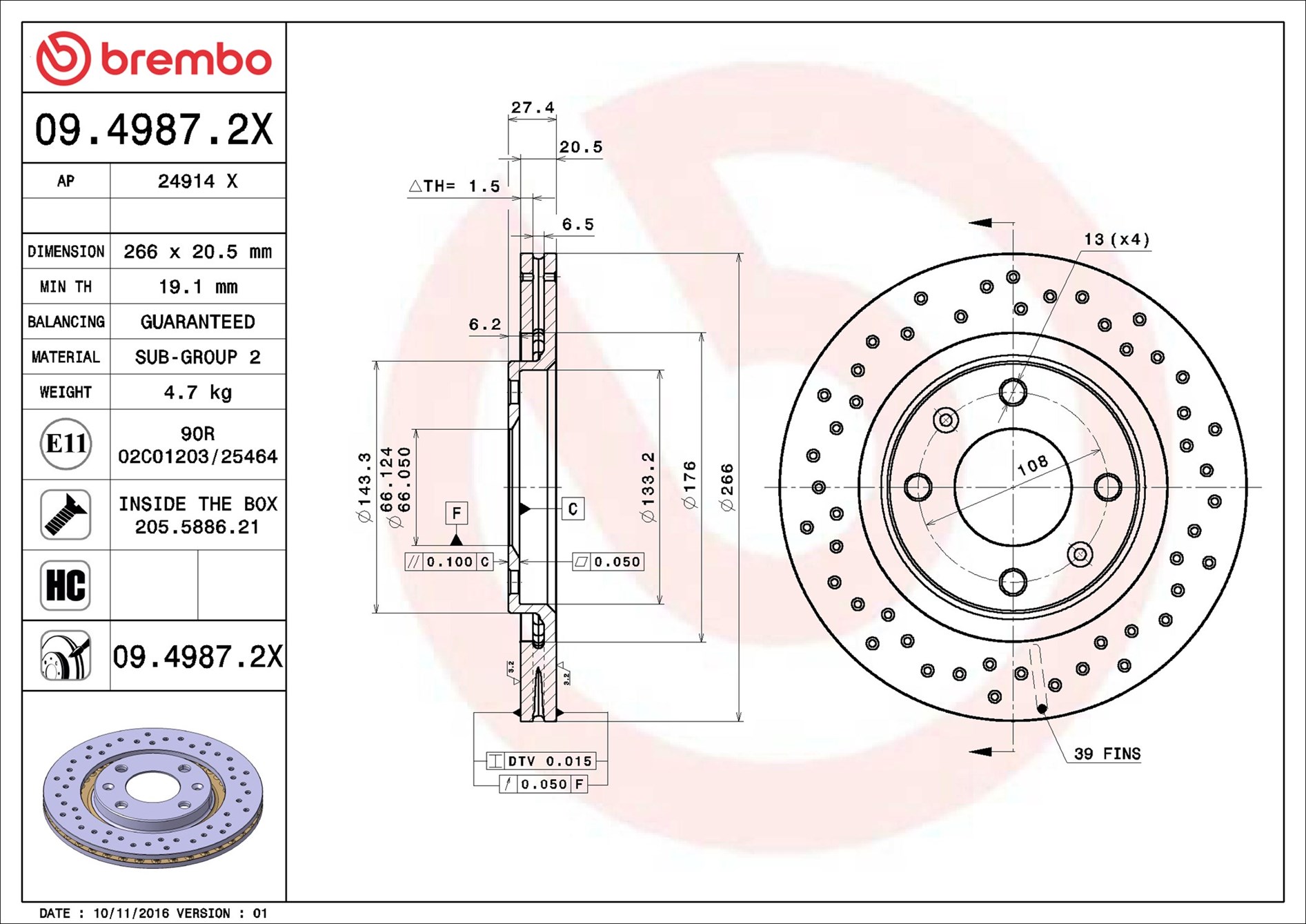 Disco freno BREMBO 0949872X