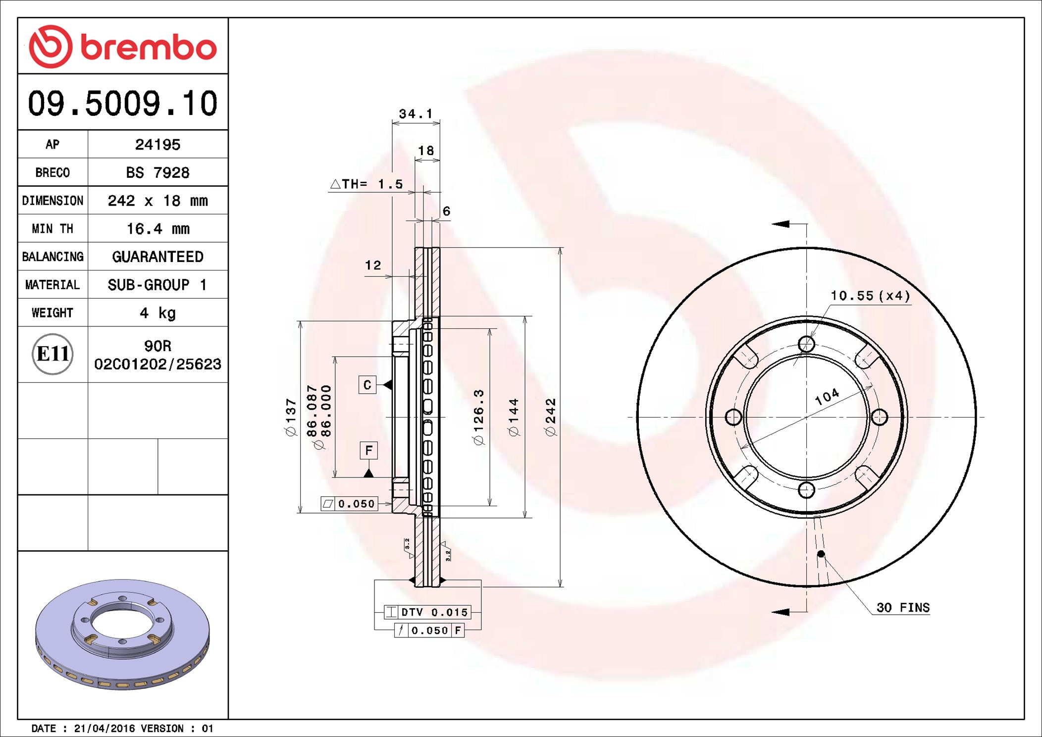 Disco freno BREMBO 09500910