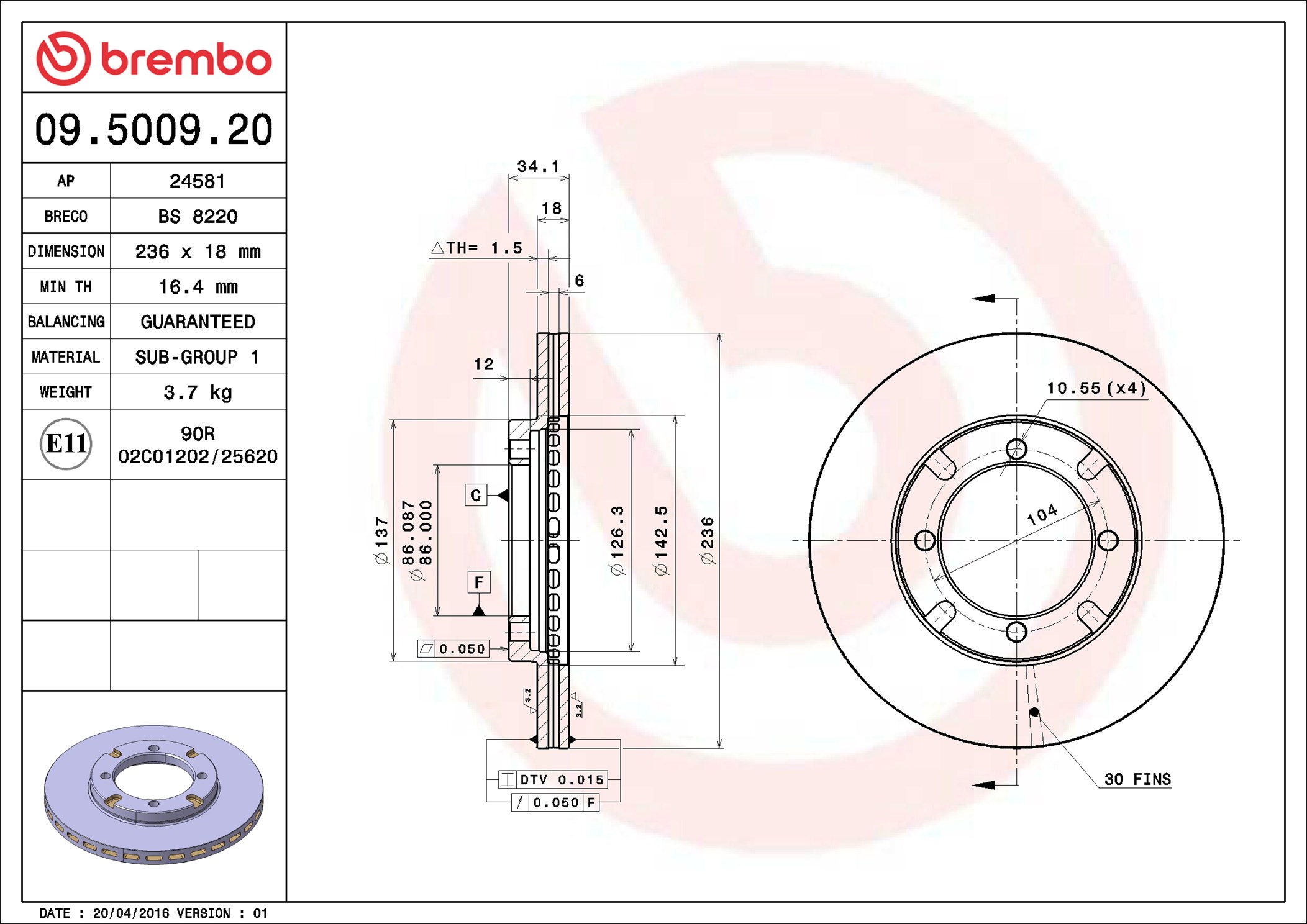 Disco freno BREMBO 09500920