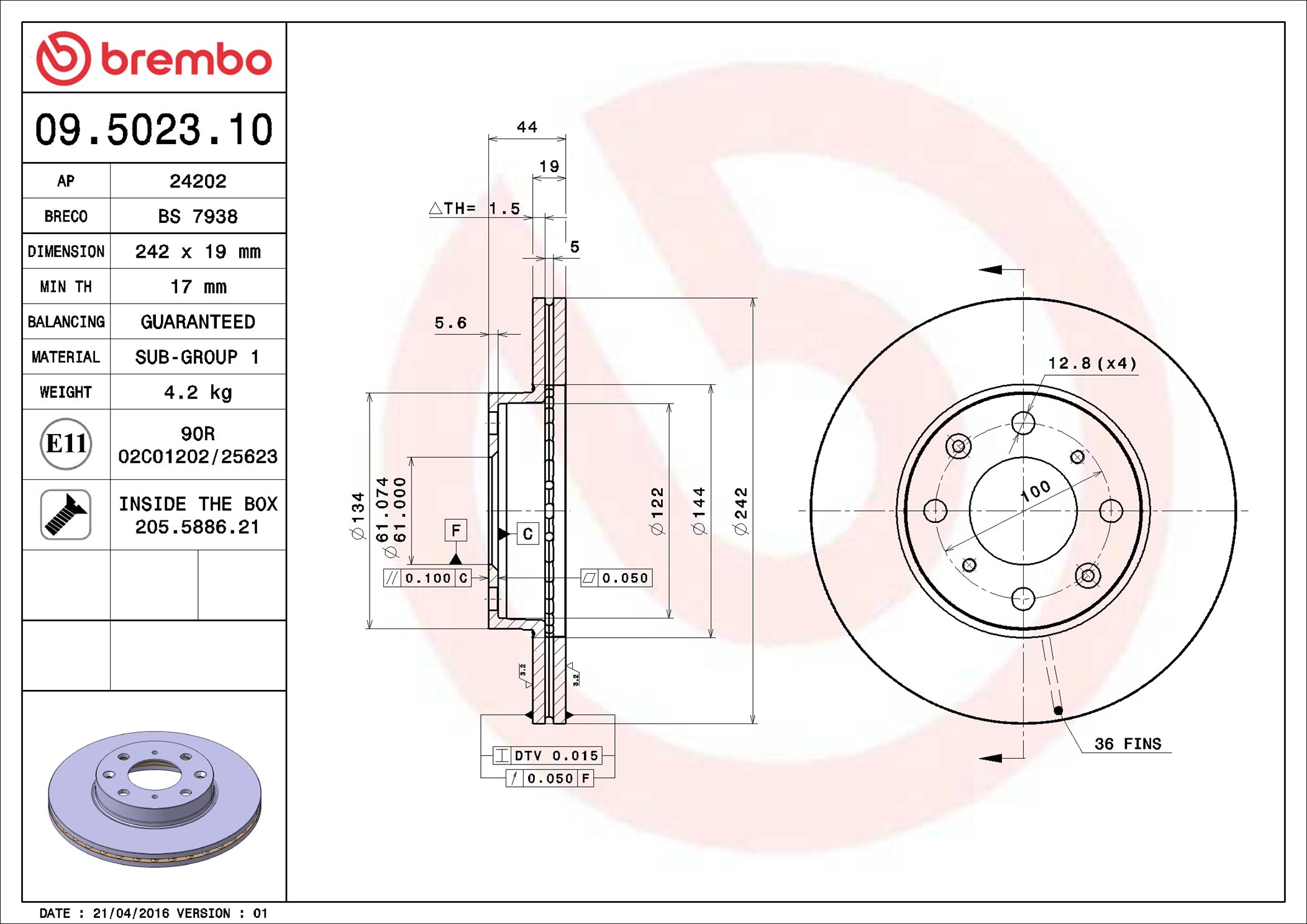 Disco freno BREMBO 09502310