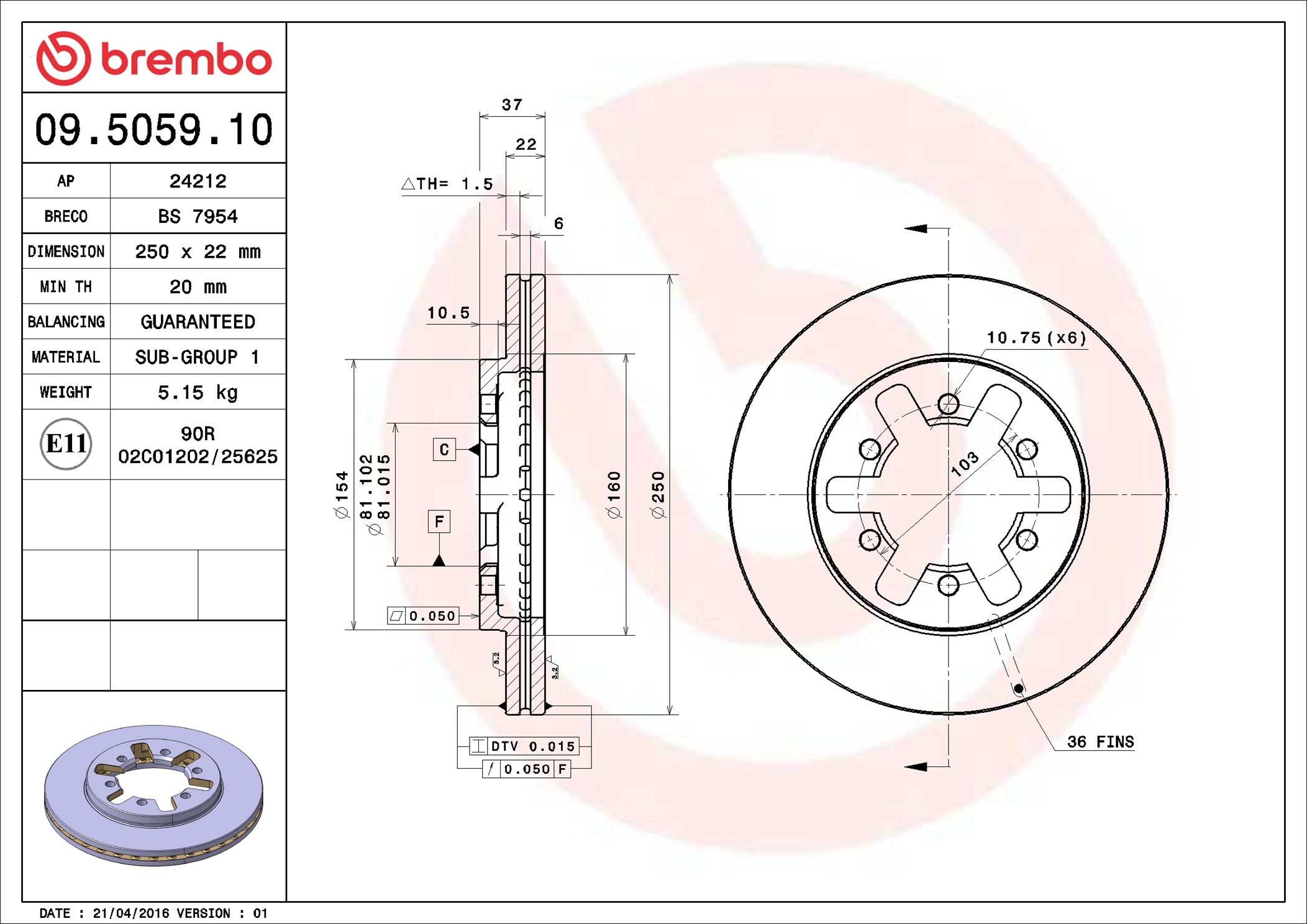 Disco freno BREMBO 09505910
