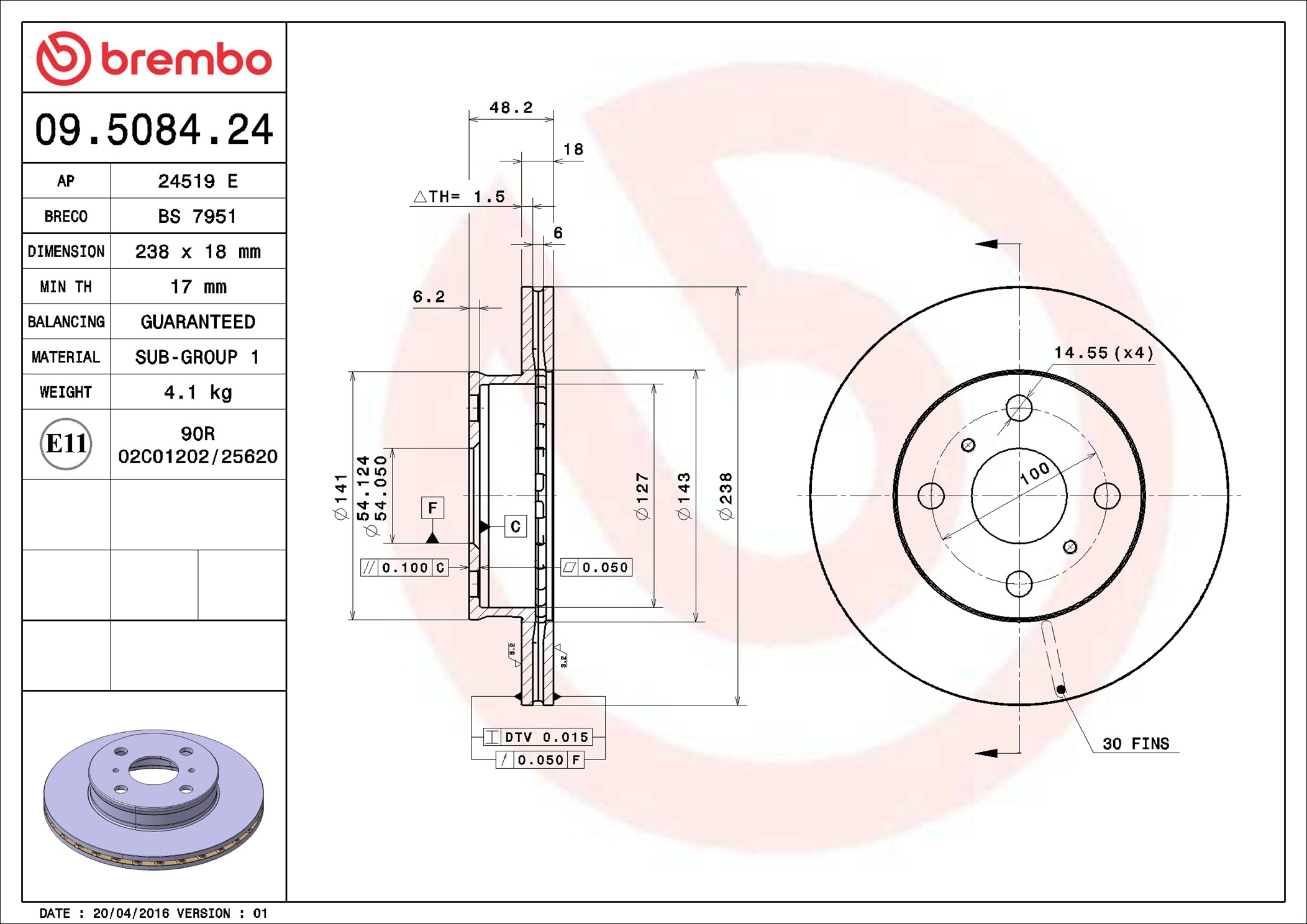 Disco freno BREMBO 09508424
