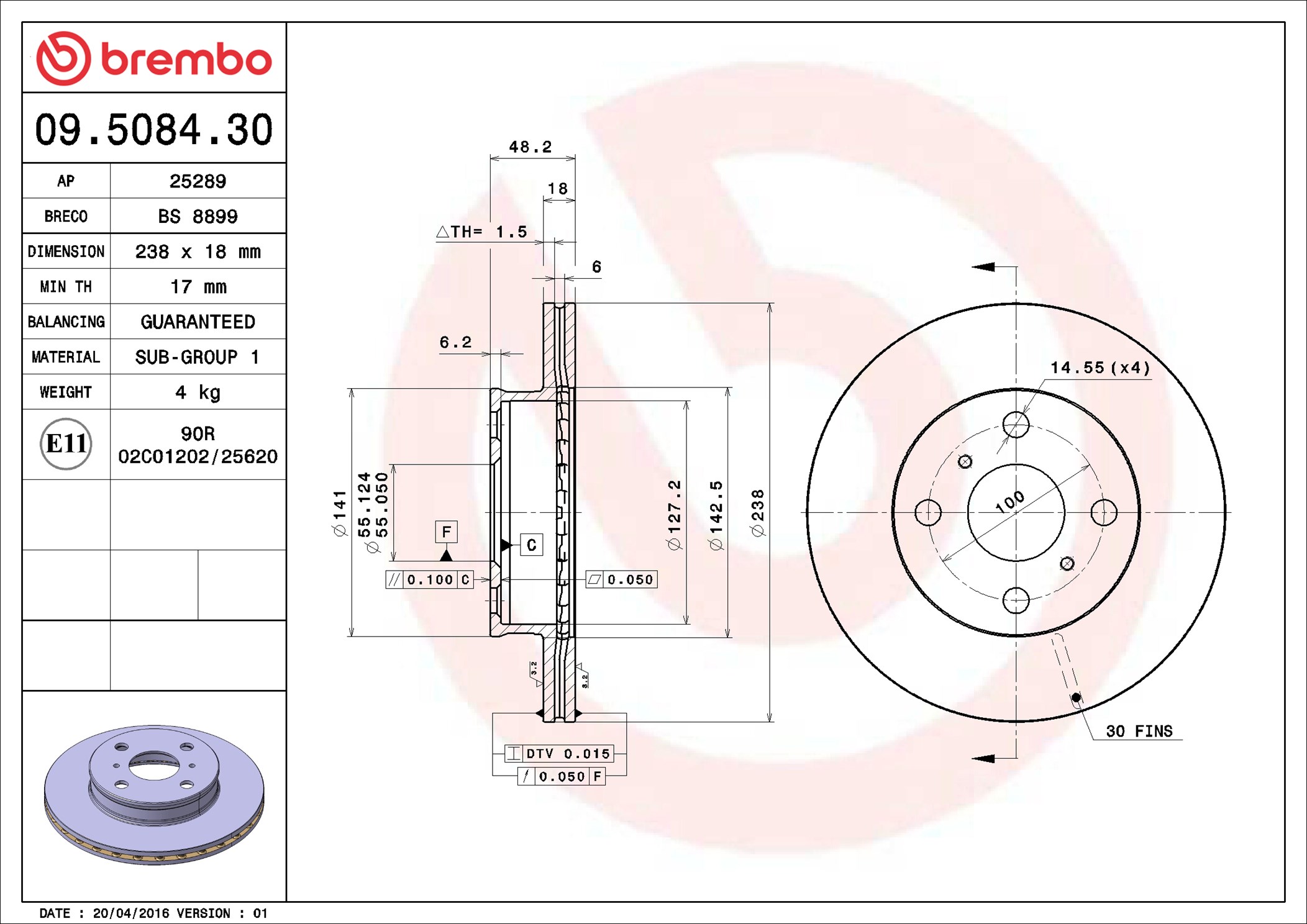 Disco freno BREMBO 09508430