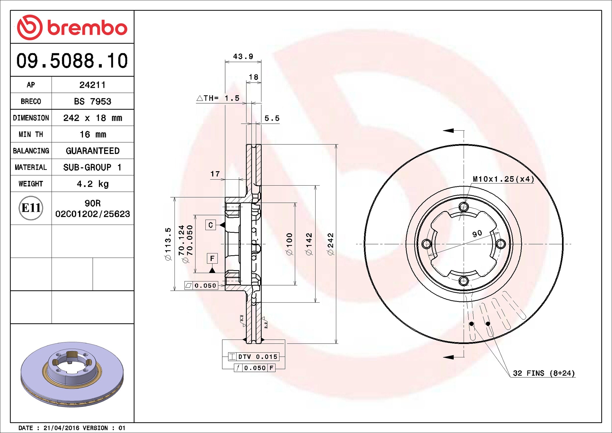 Disco freno BREMBO 09508810