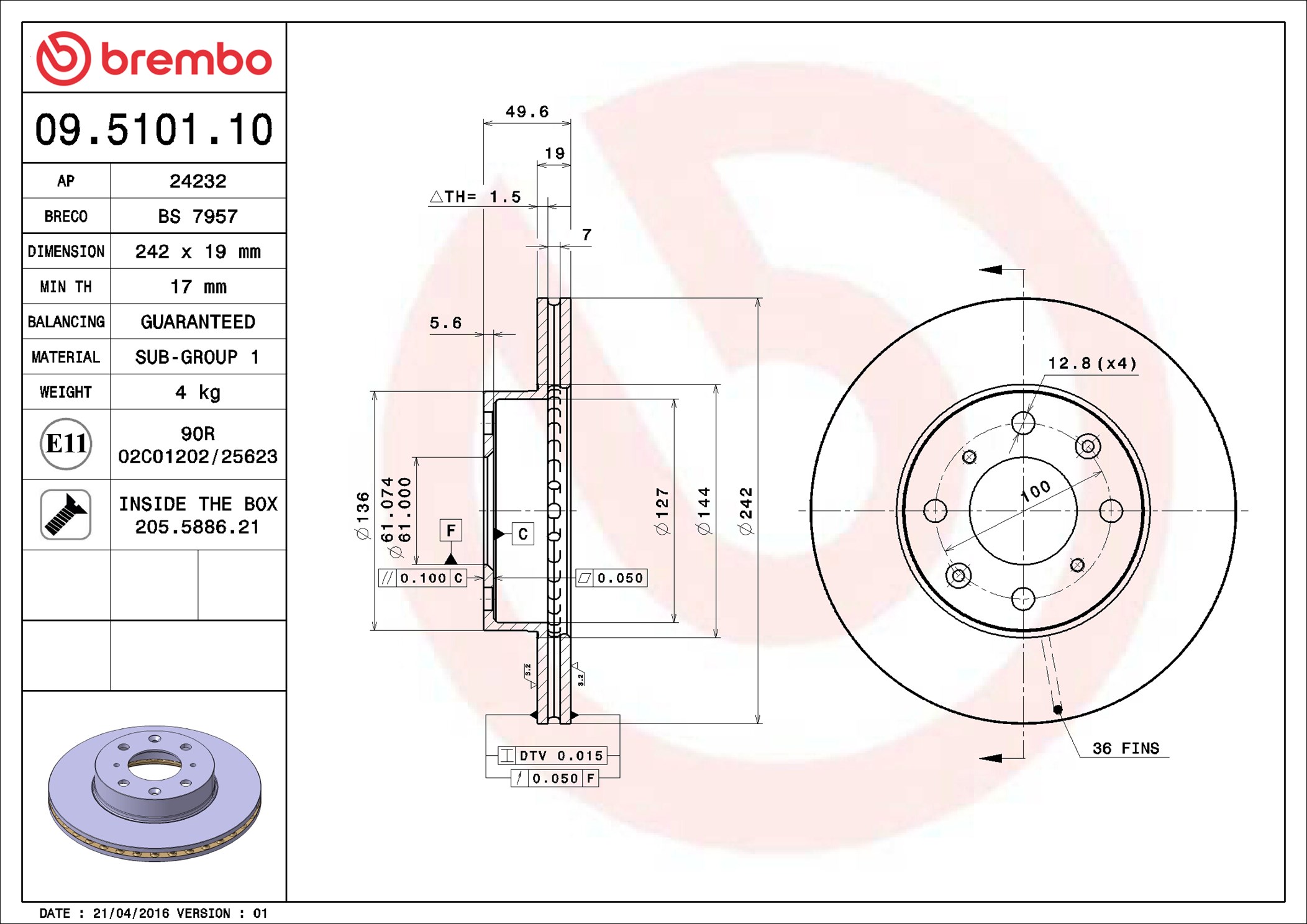 Disco freno BREMBO 09510110