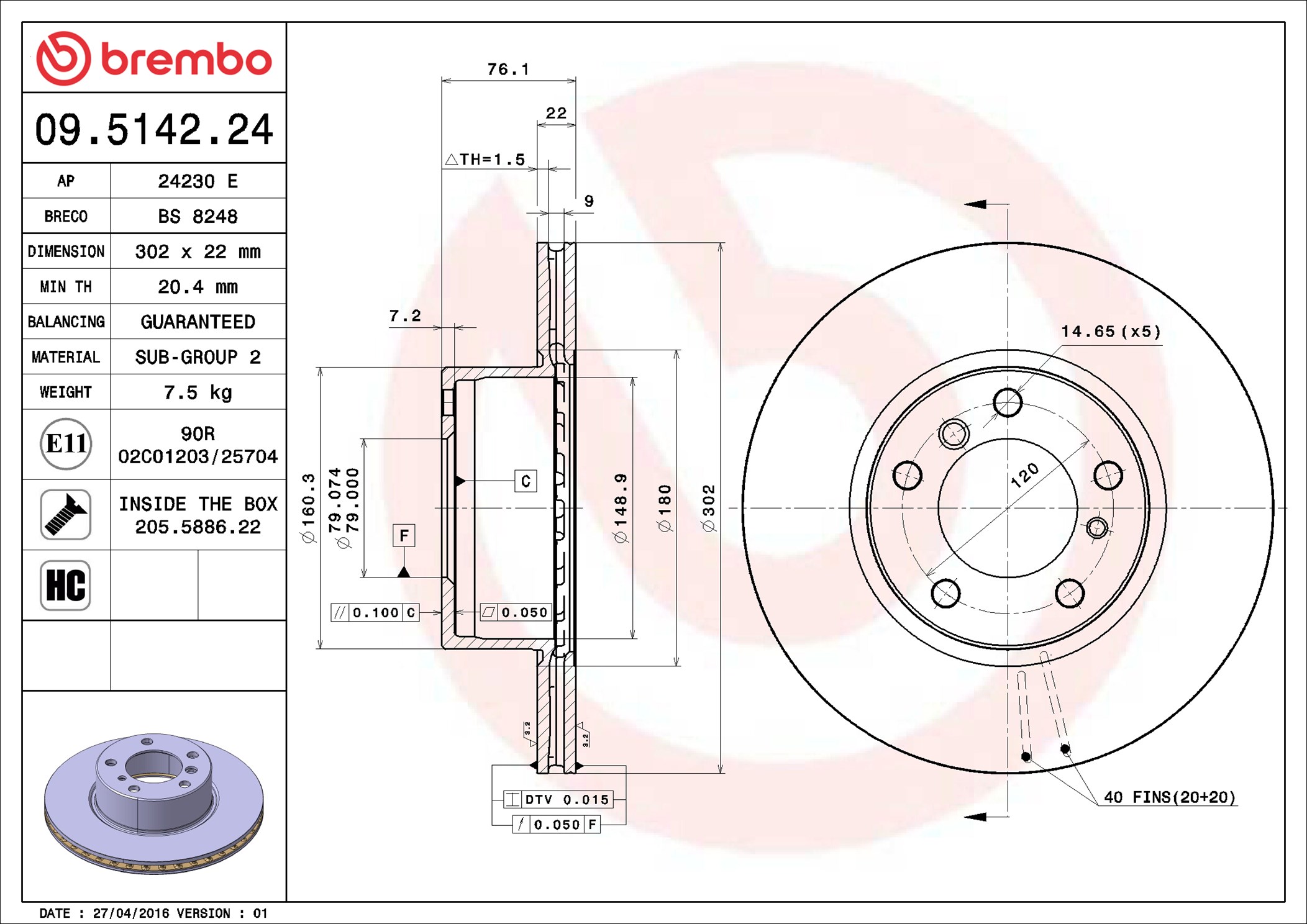 Disco freno BREMBO 09514224