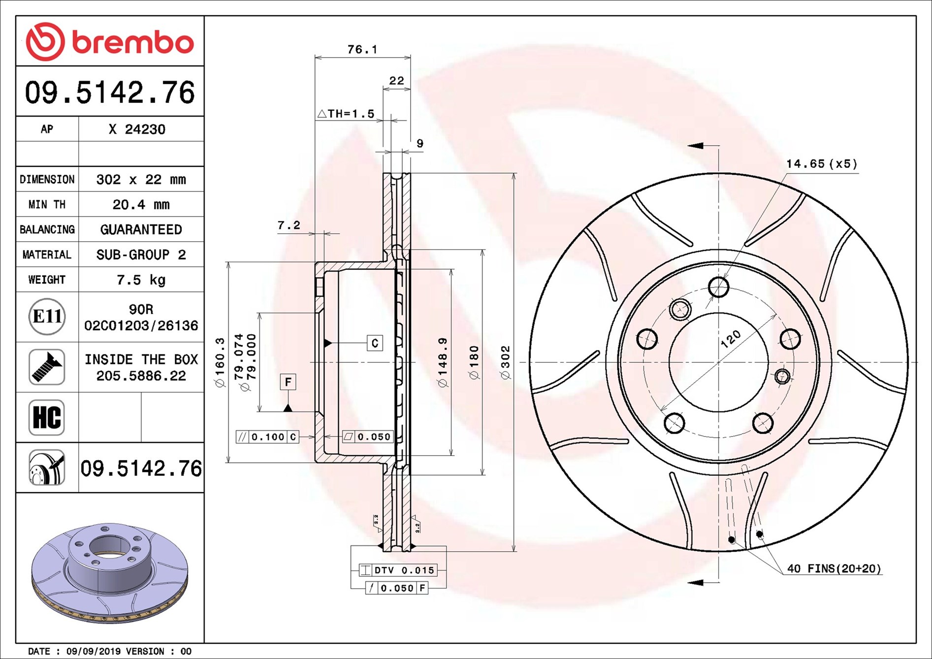 Disco freno BREMBO 09514276