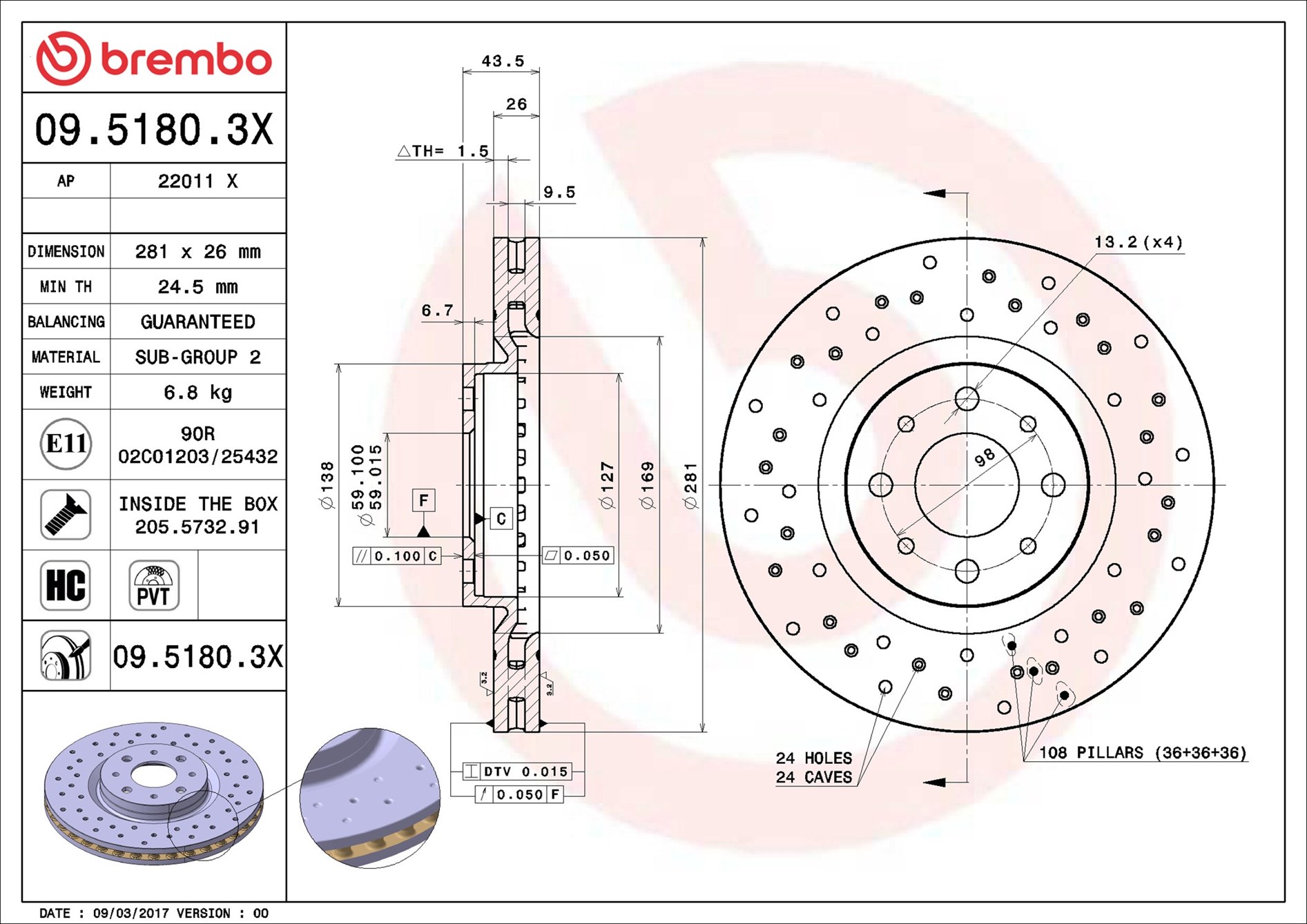 Disco freno BREMBO 0951803X