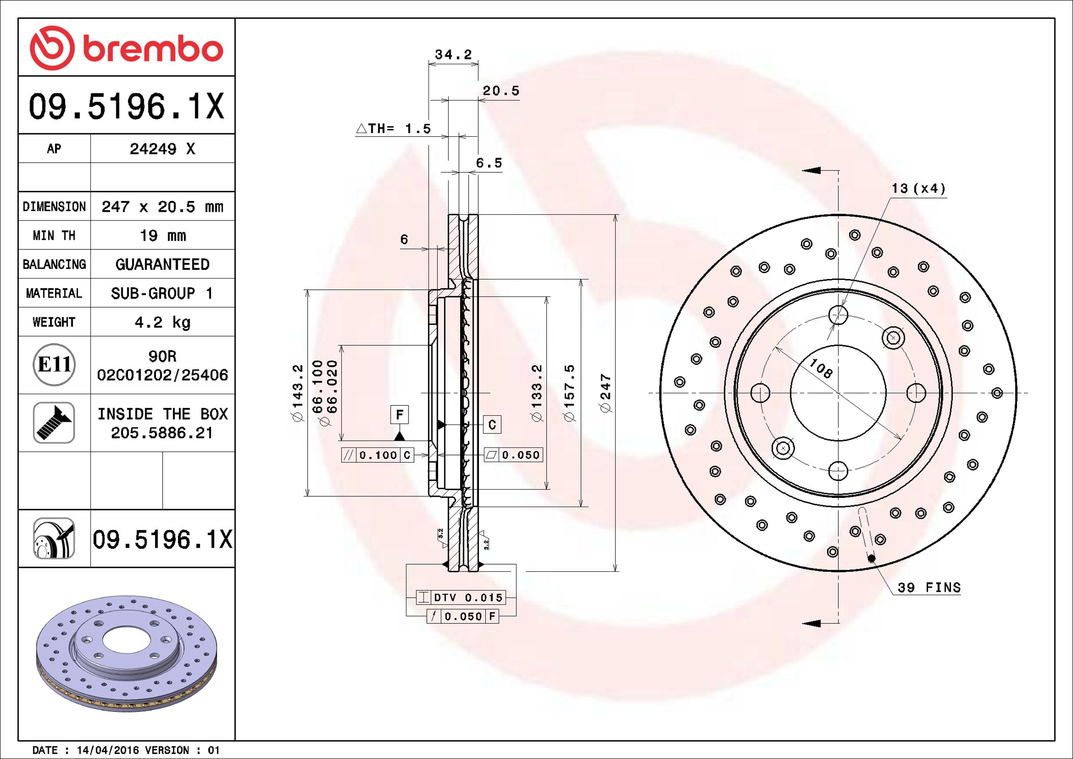 Disco freno BREMBO 0951961X
