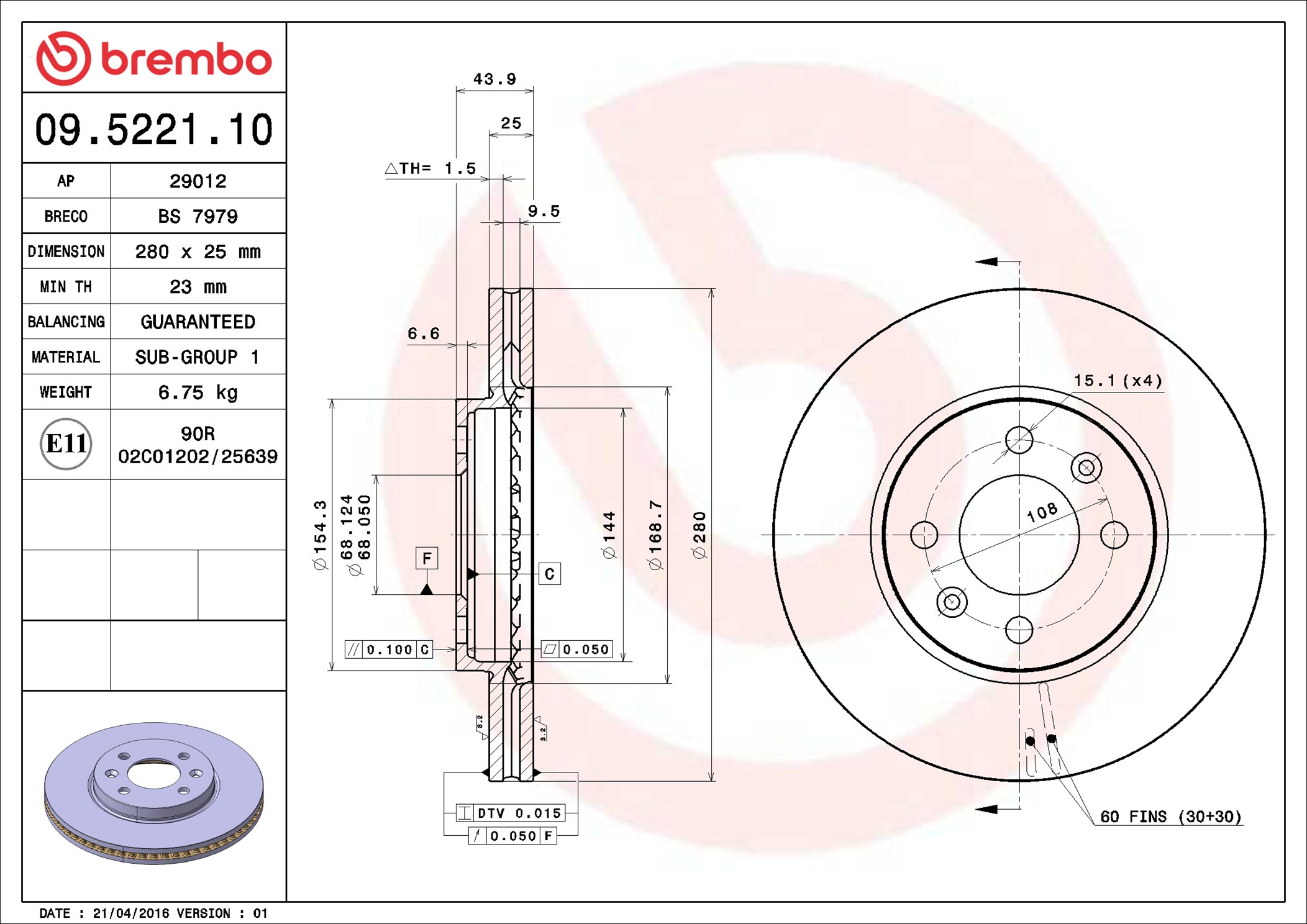 Disco freno BREMBO 09522110