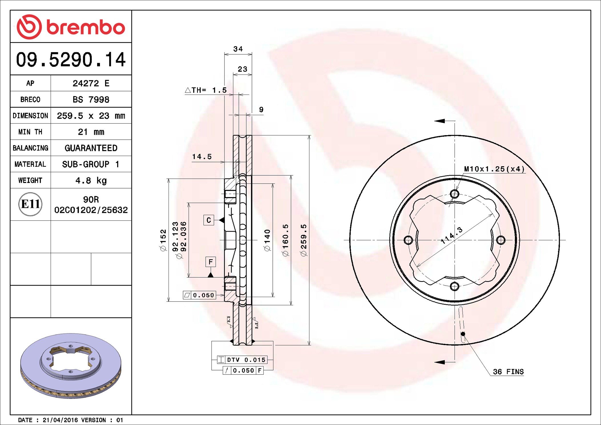 Disco freno BREMBO 09529014
