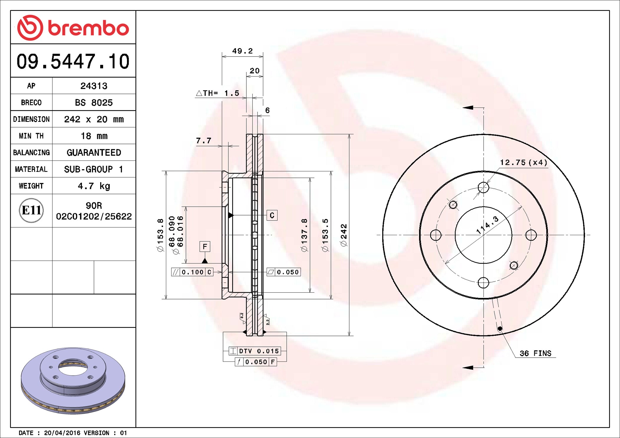 Disco freno BREMBO 09544710