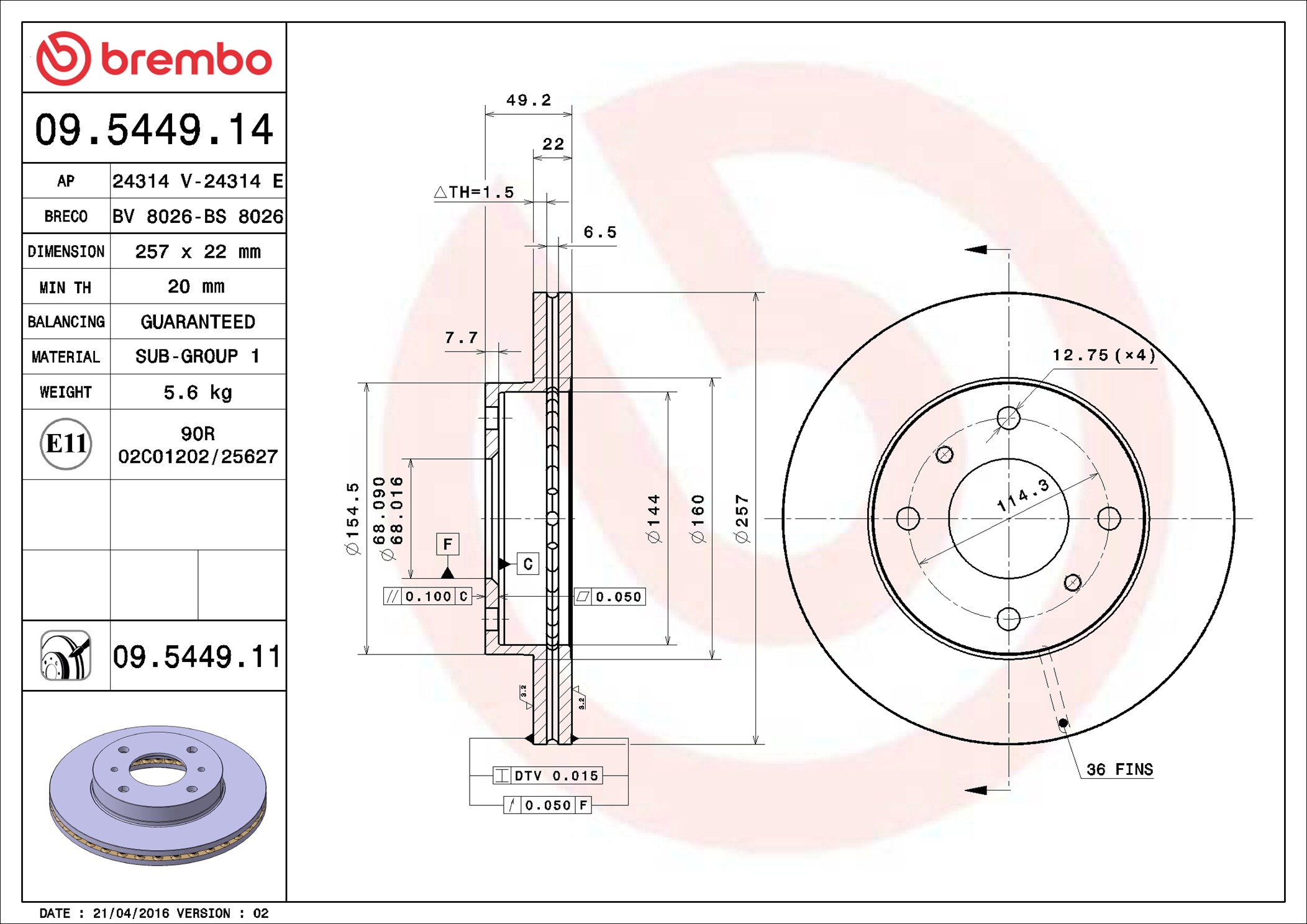 Disco freno BREMBO 09544911