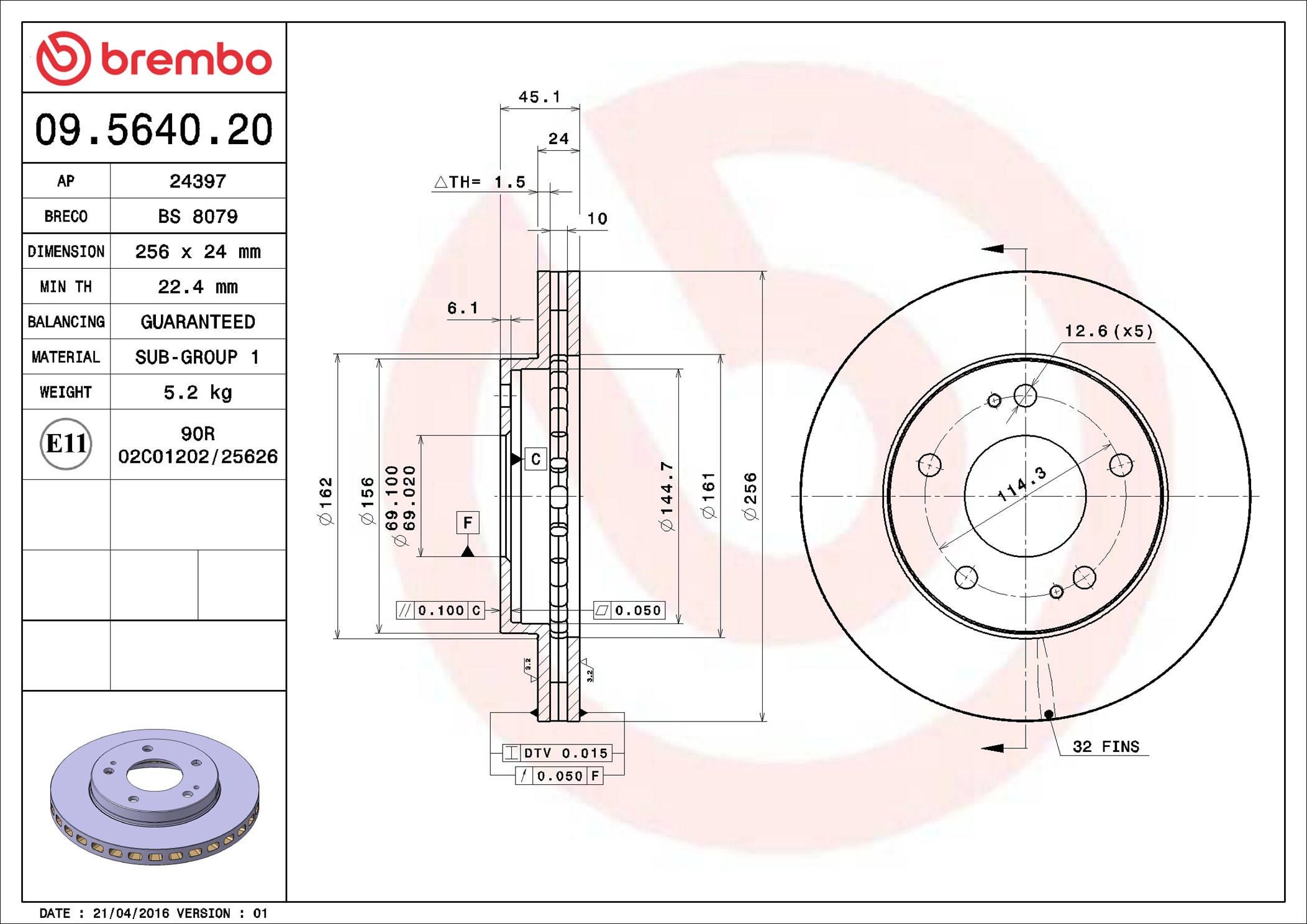 Disco freno BREMBO 09564020