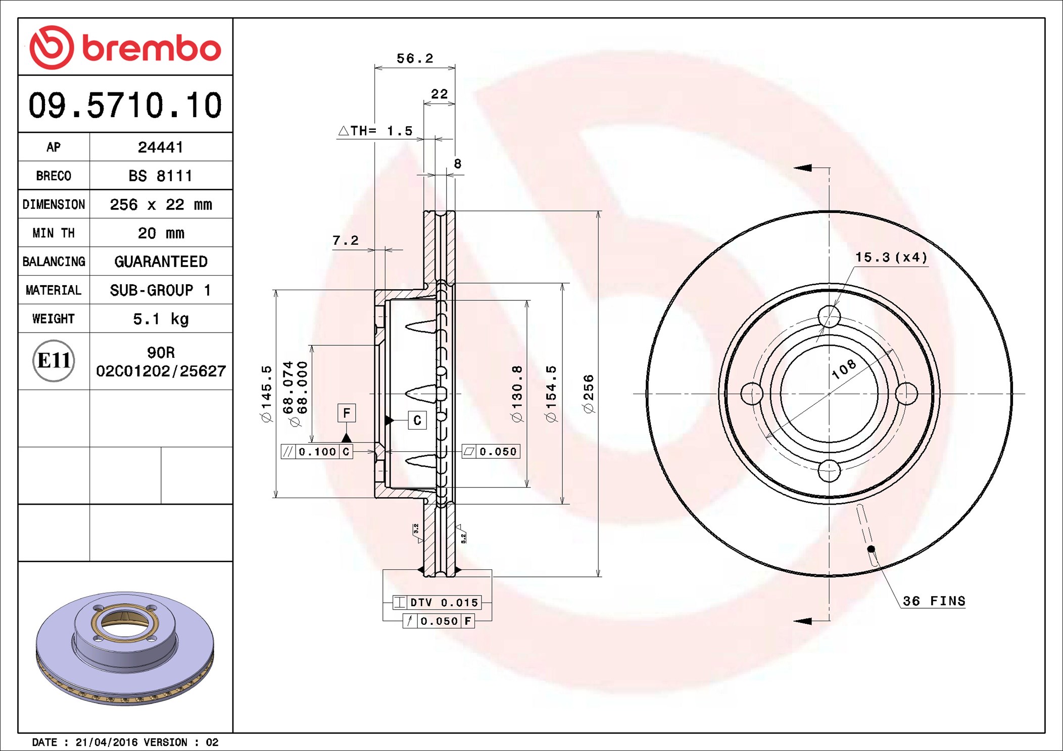 Disco freno BREMBO 09571010
