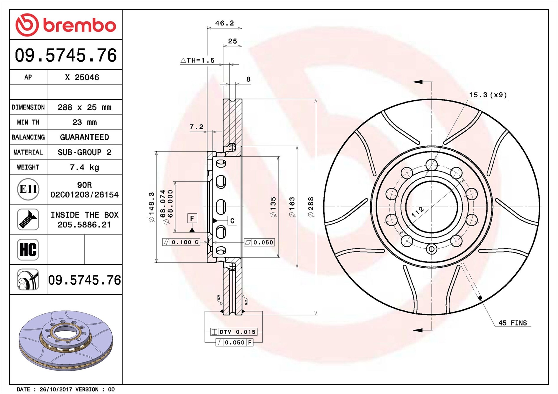 Disco freno BREMBO 09574576