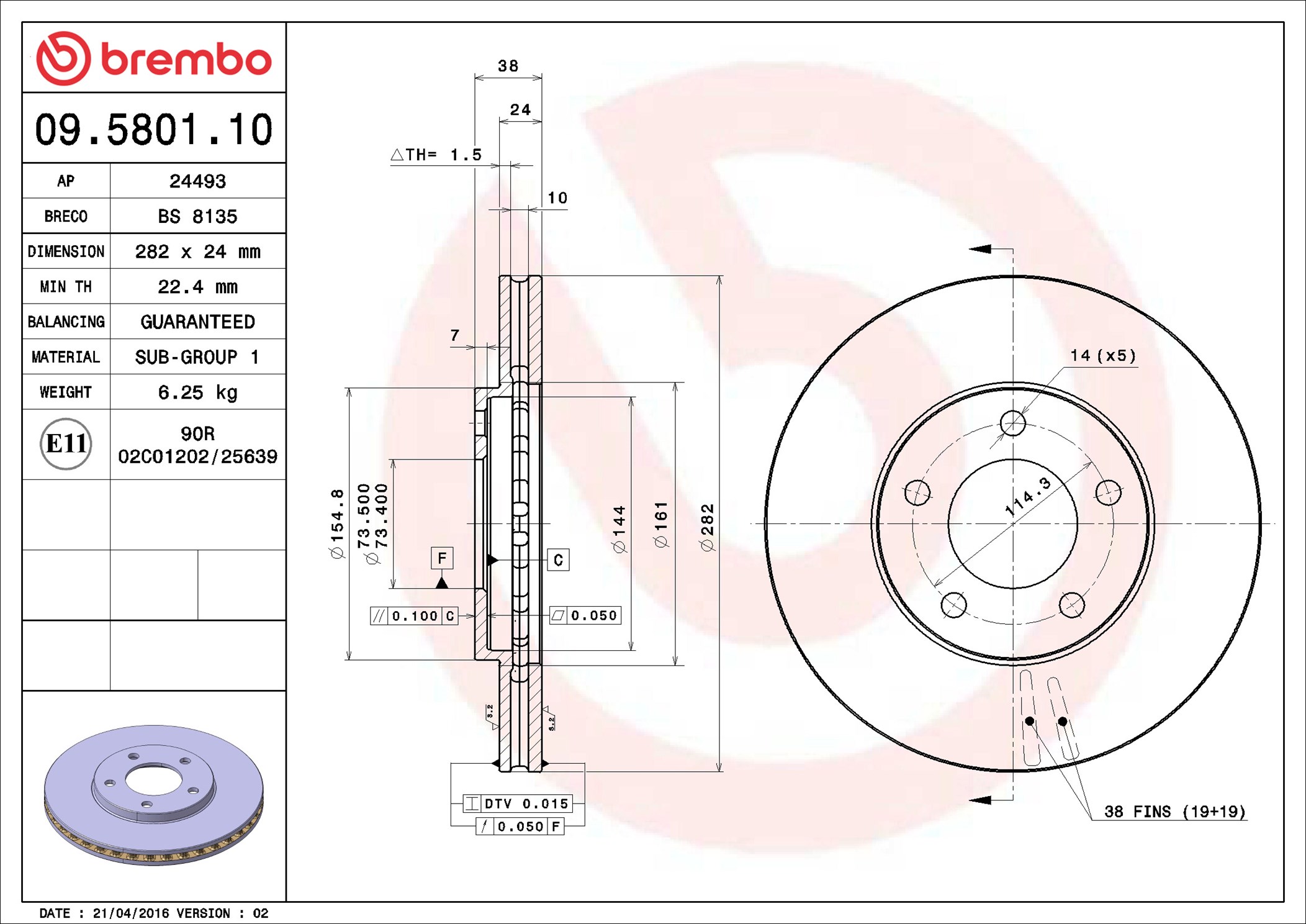 Disco freno BREMBO 09580110